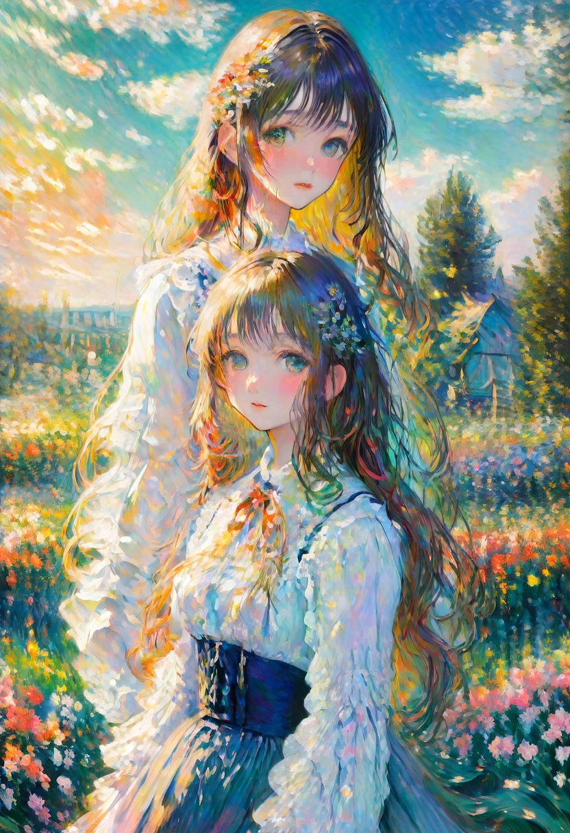 Estilo Claude Monet, 1 menino e 1 menina em um campo de tulipas , ao longe um moinho de vento , inspirado em Claude Monet, Pierre Auguste Renoir, Édouard Manet, Camila Pissarro, Alfred Sisley, Berthe Morisot, Gustave Caillebotte, Maria Cassatt, Armand Guillaumin, Edgar Degas. impressionismo óleo sobre tela hiperdetalhado 8K 3D resolução 8k