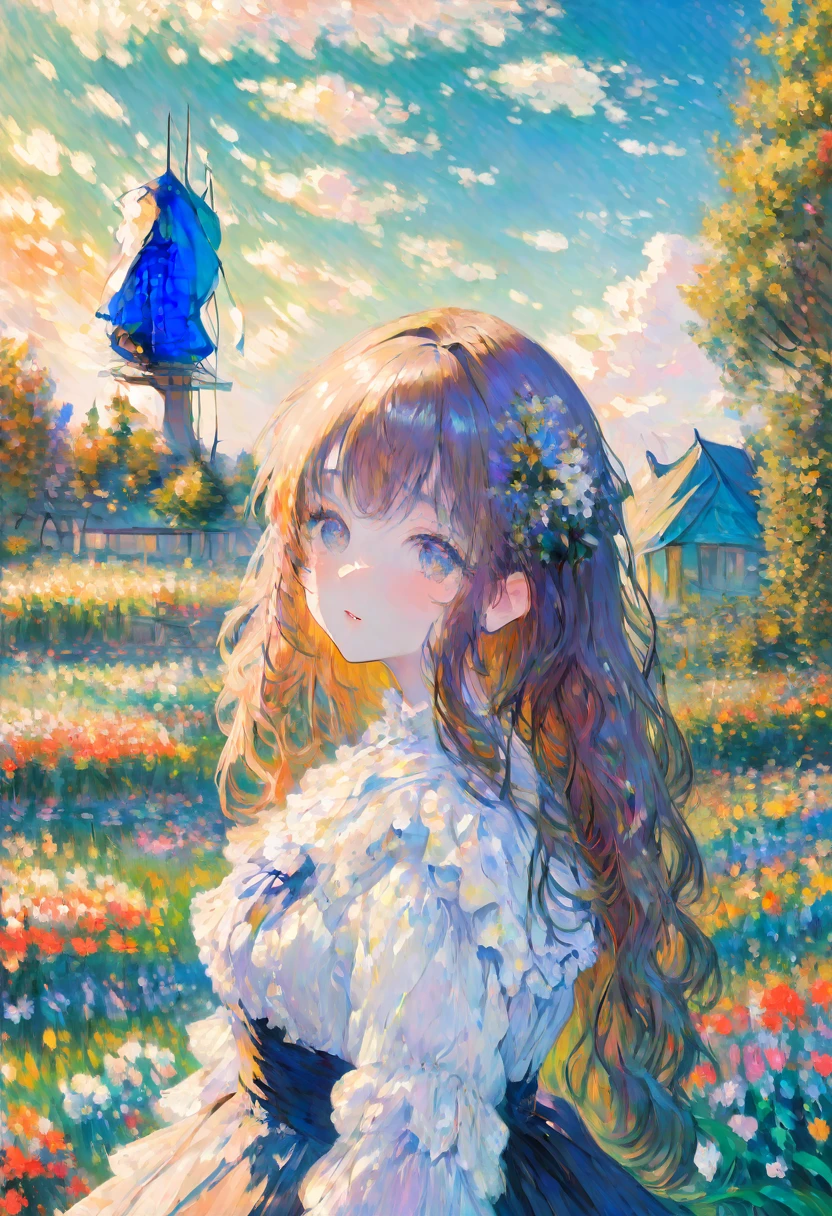 Estilo Claude Monet, 1 menino e 1 menina em um campo de tulipas , ao longe um moinho de vento , inspirado em Claude Monet, Pierre Auguste Renoir, Édouard Manet, Camila Pissarro, Alfred Sisley, Berthe Morisot, Gustave Caillebotte, Maria Cassatt, Armand Guillaumin, Edgar Degas. impressionismo óleo sobre tela hiperdetalhado 8K 3D resolução 8k