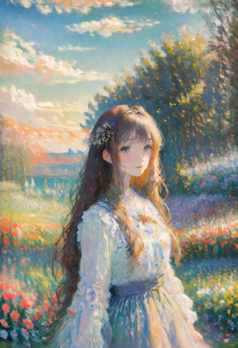 Claude Monet Stil, 1 Junge und 1 Mädchen in einem Tulpenfeld , in der Ferne eine Windmühle , Inspiriert von Claude Monet, Pierre-Auguste Renoir, Edouard Manet, Camille Pissarro, Alfred Sisley, Berthe Morisot, Gustave Caillebotte, Maria Cassatt, Armand Guillaumin, Edgar Degas. Impressionismus Öl auf Leinwand hyperdetailliert 8K 3D 8k Auflösung