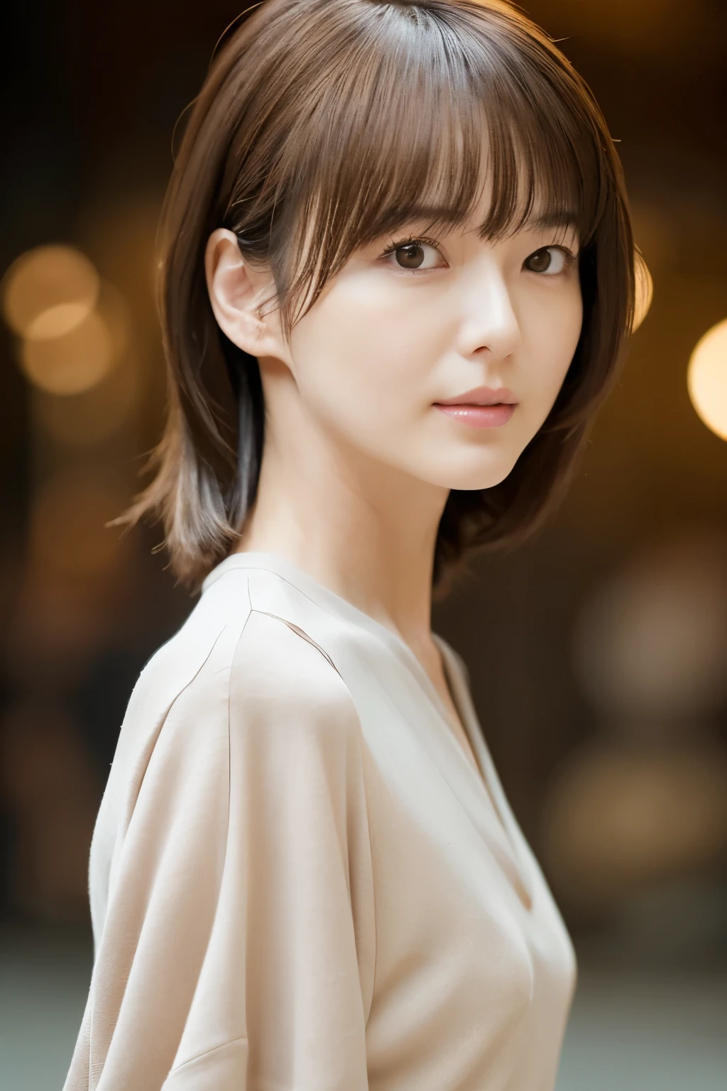 Top quality, realistic, perfect human body structure, very detailed, very delicate and beautiful, RAW photography, professional lighting, luminescence, depth of field, single focal, full body, Skinny Japanese lady, 30 years old lady, brown hair, small head, beautiful eyes, real face, realistic skin, detailed eyes, (fashionable hairstyle: 1.3),