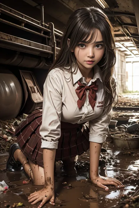 school girl uniform  , red knot , red bow , pleated skirt , dirty white Shirt , realisitic、top-quality、crisp photos、((Brick unde...