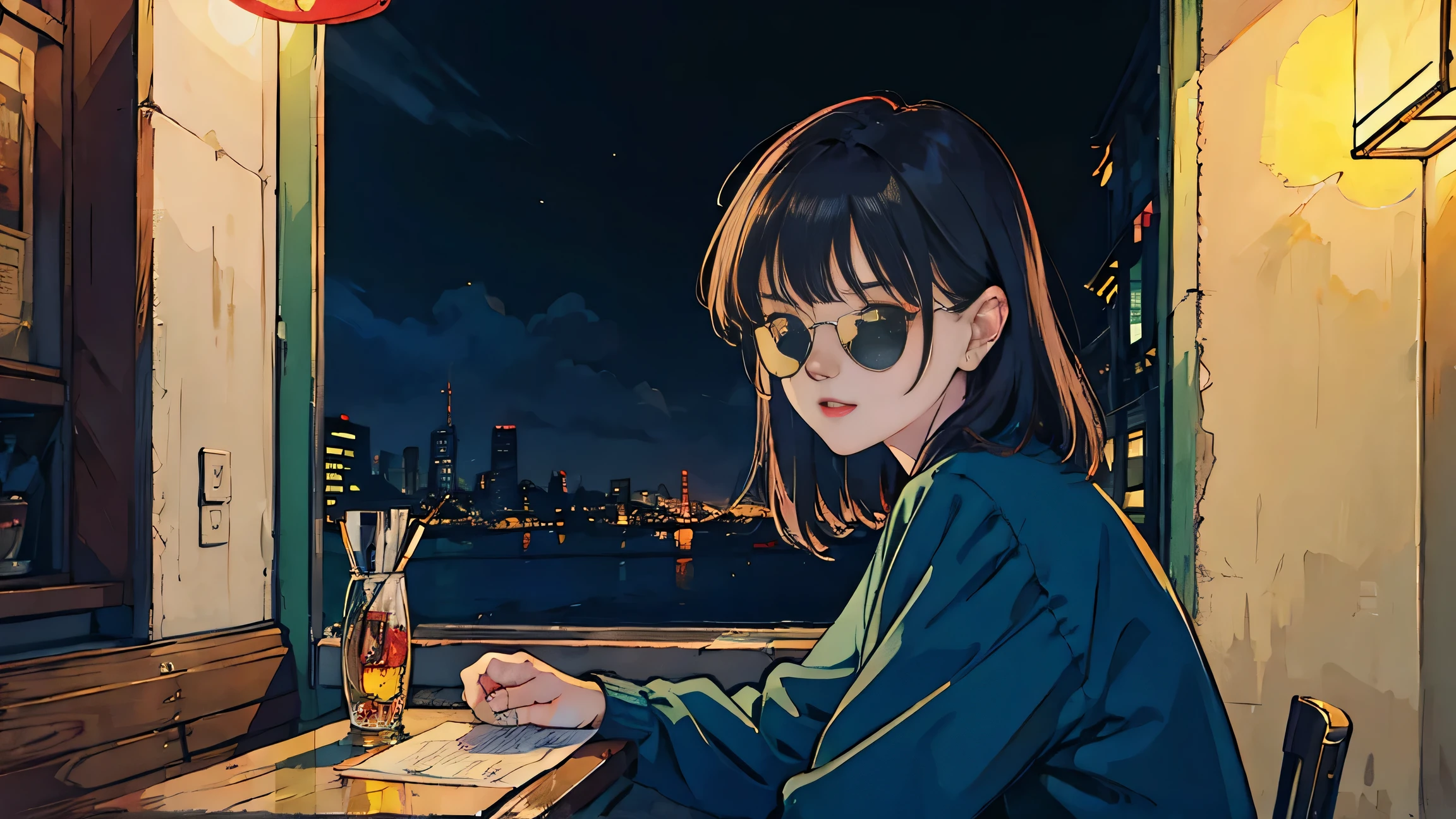 Beautiful redhead Asian girl sitting in a restaurant at night, Visible from the window, Perfect Face, sunglasses, Smoking white Taylormade cigarettes, Neon Black, (Backlit: 1.1), Hard Shadows, masterpiece, highest quality, Complex, Model shooting style, Vintage, Film Grain, Incomplete details