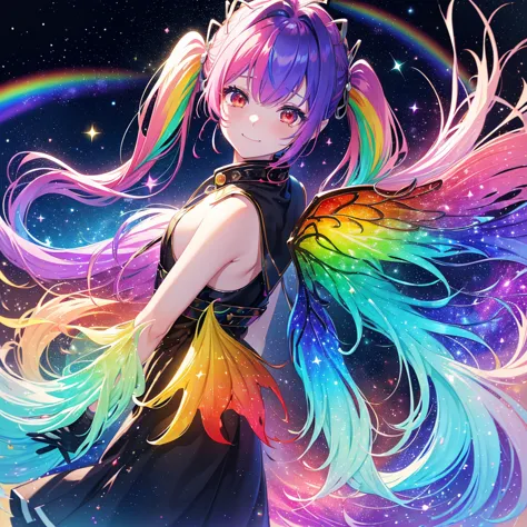 ((Fantasy　Rainbow Hair　Make your hair rainbow-colored on the inside　Twin tails　Dull red eyes　Have a galaxy　uniform　Put on a coat...