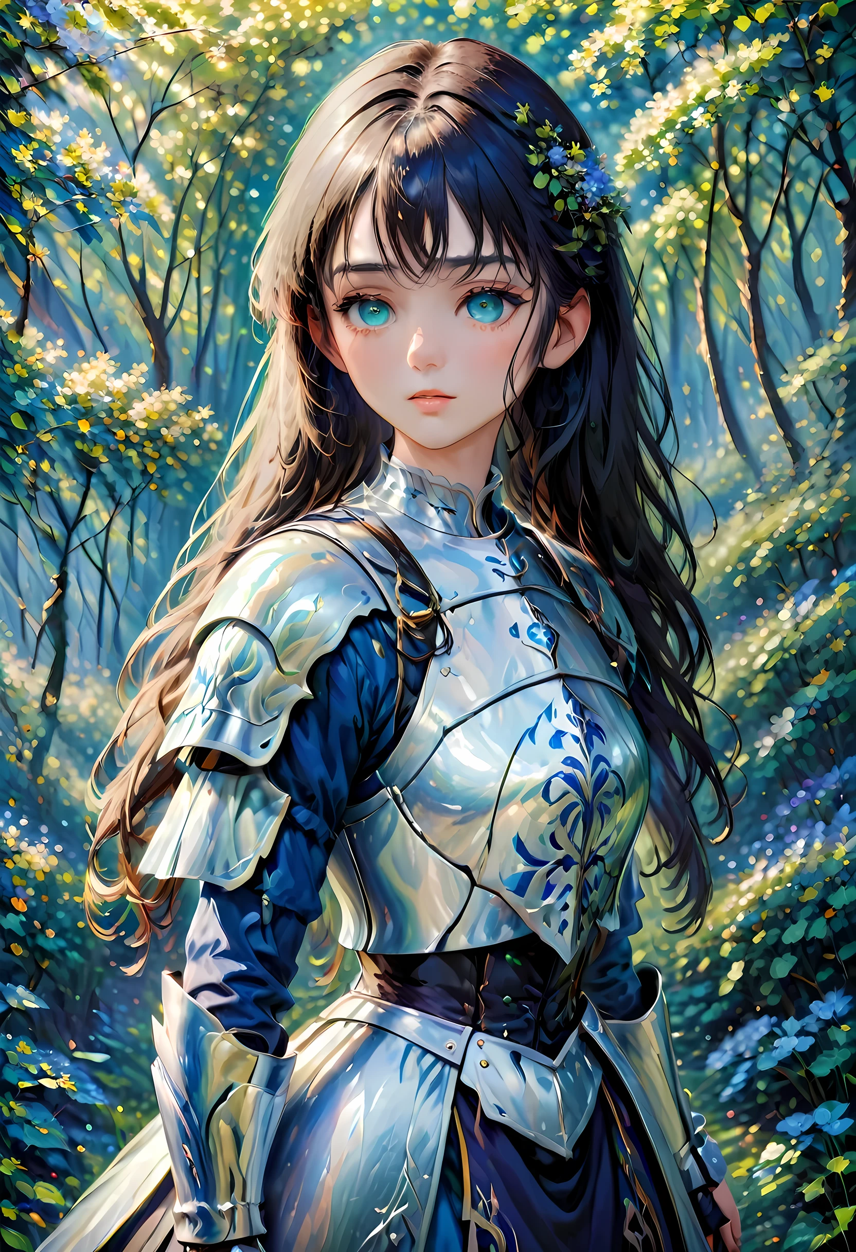 (claudio Monet Style:1.5) claudio_Pintura estilo Monet., Una imagen de una mujer paladín de la naturaleza protegiendo el bosque., una mujer caballero, pelo negro, pelo largo, cuerpo completo (mejores detalles, obra maestra, mejor calidad :1.5), ultra detallado face (mejores detalles, obra maestra, mejor calidad :1.5), ultrafemenina (mejores detalles, obra maestra, mejor calidad :1.5), pelo negro, pelo largo, pelo trenzado, Piel pálida, (azul profundo: 1.2) eyes, intense eyes, llevando una armadura pesada, armadura blanca (mejores detalles, obra maestra, mejor calidad :1.5), verde cloak, Armado con una espada, espada resplandeciente GlowingRunes_verde, fondo del bosque de fantasía, d&d art, arte de rol, atmosfera magica magico-fantasia-bosque, ultra mejor realista, mejores detalles, mejor calidad, 16k, [ultra detallado], obra maestra, mejor calidad, (extremadamente detallado), tiro ultra ancho, photorealism, profundidad de campo, pintura hiperrealista, Armoreddress