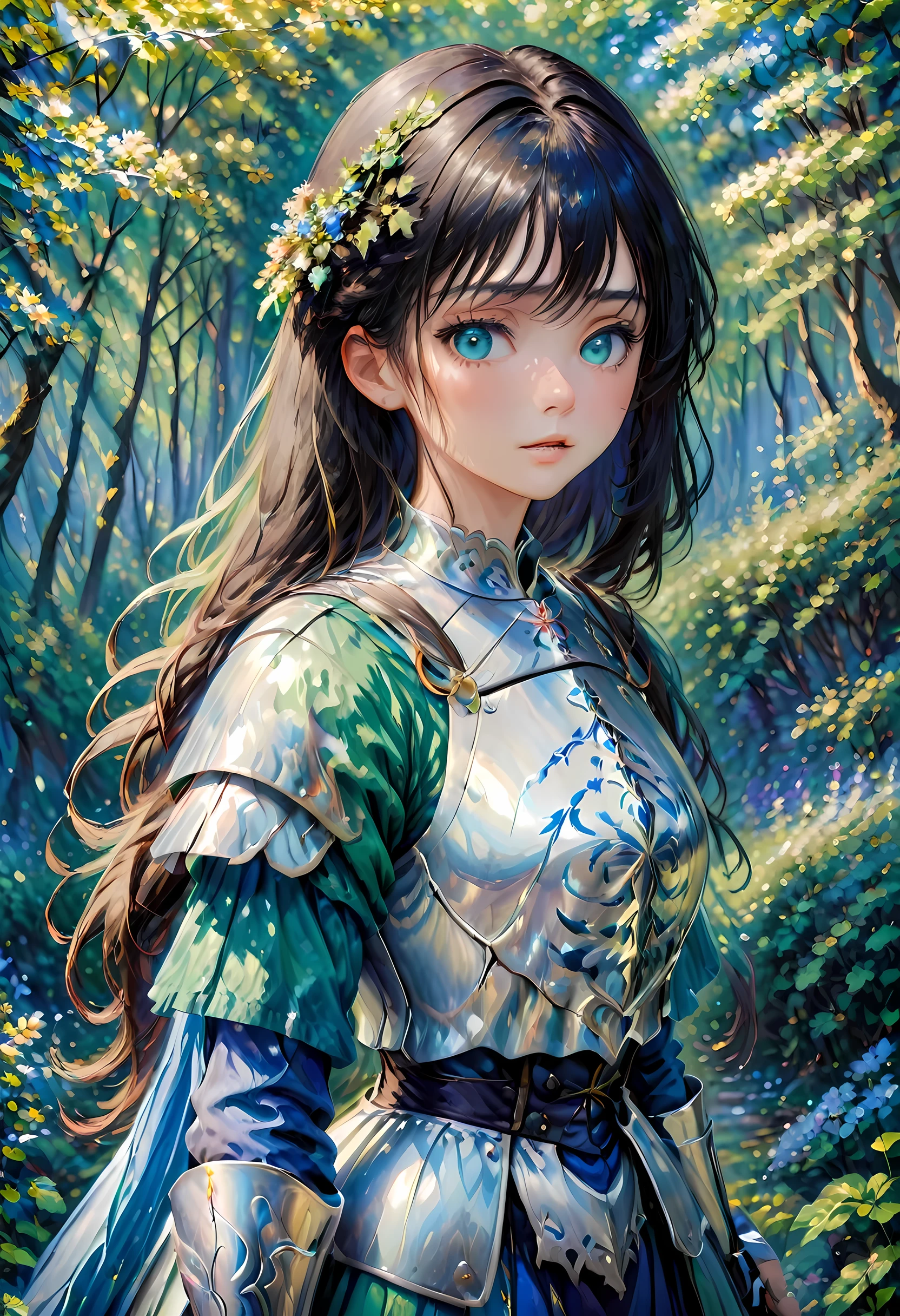 (claudio Monet Style:1.5) claudio_Pintura estilo Monet., Una imagen de una mujer paladín de la naturaleza protegiendo el bosque., una mujer caballero, pelo negro, pelo largo, cuerpo completo (mejores detalles, obra maestra, mejor calidad :1.5), ultra detallado face (mejores detalles, obra maestra, mejor calidad :1.5), ultrafemenina (mejores detalles, obra maestra, mejor calidad :1.5), pelo negro, pelo largo, pelo trenzado, Piel pálida, (azul profundo: 1.2) eyes, intense eyes, llevando una armadura pesada, armadura blanca (mejores detalles, obra maestra, mejor calidad :1.5), verde cloak, Armado con una espada, espada resplandeciente GlowingRunes_verde, fondo del bosque de fantasía, d&d art, arte de rol, atmosfera magica magico-fantasia-bosque, ultra mejor realista, mejores detalles, mejor calidad, 16k, [ultra detallado], obra maestra, mejor calidad, (extremadamente detallado), tiro ultra ancho, photorealism, profundidad de campo, pintura hiperrealista, Armoreddress