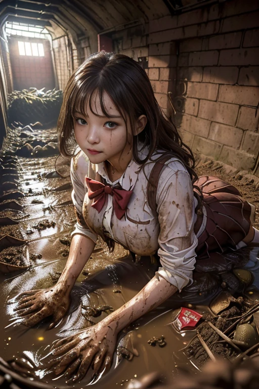 school girl uniform  , red knot , red bow , pleated skirt , dirty white Shirt , realisitic、top-quality、crisp photos、((Brick underground tunnel、Foul-smelling sewer、Littered with filth、Sewage channels full of feces、a lot of garbage and junk、The dirtiest sewer))、Bricks are covered with moss、((beautiful a girl、Constricted waist、Neat face、Most beautiful face、Elaborate face、dense dirty brown hair、Refreshing look、Pleasant look、Happy expression、Joy covered in filth、Glad to get dirty))、(school girl uniform、Tangier、blondehair)、((long and beautiful legs are dirty、Lying face down on filth、Girl with beautiful ass、Scoop out filth with both hands、Beautiful girl's hair is covered in mud、The joy of lying in dirty sewage))、(((I want to smear filth all over my body.、Your hair is muddy with a large amount of filth、full body muddy、Beautiful girl burying her face in filth、Beautiful  lying on a pile of dirty garbage、Super large amount of dirty garbage、Dirty waste)))