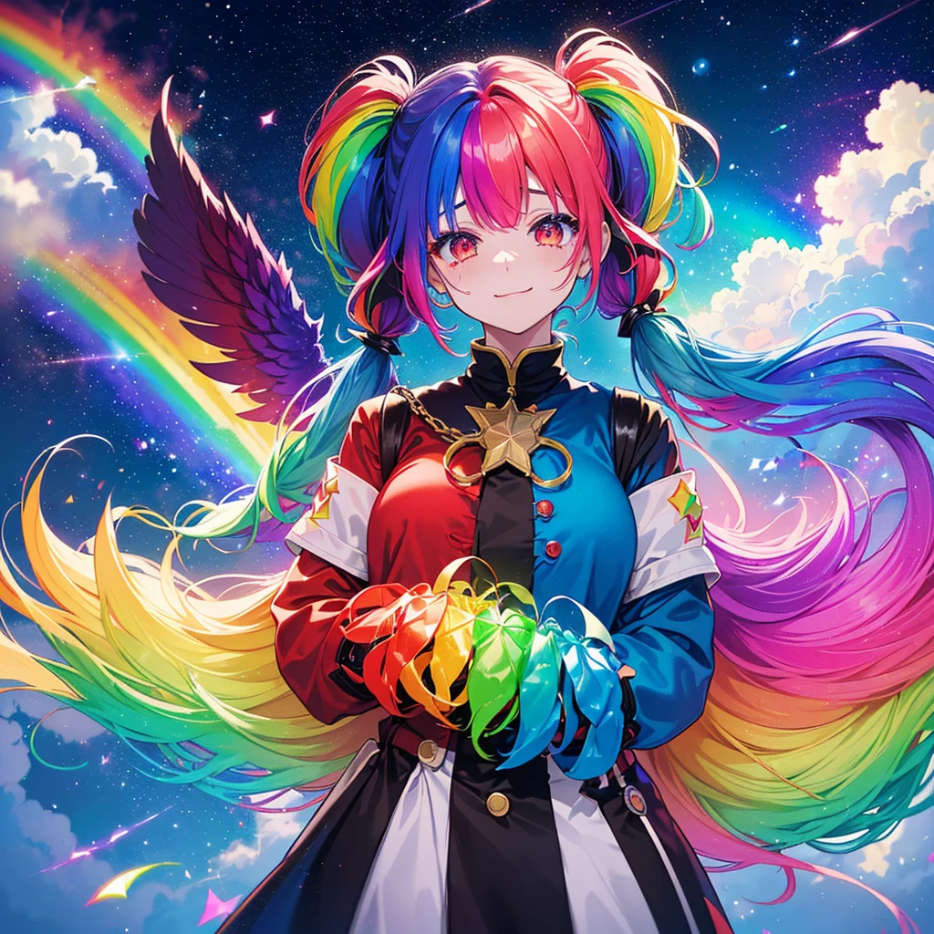 ((Fantasy　Rainbow Hair　Make your hair rainbow-colored on the inside　Twin tails　Dull red eyes　Have a galaxy　uniform　Put on a coat without putting your arms through it　Wings many times larger than me　Lonely　Smiling Kindly))　((Tears　gloves))　(Broken glass　Distorted Space-Time　star)　Catch the wind　fall　Shining Background　Particles of light, rainbow-colored edges