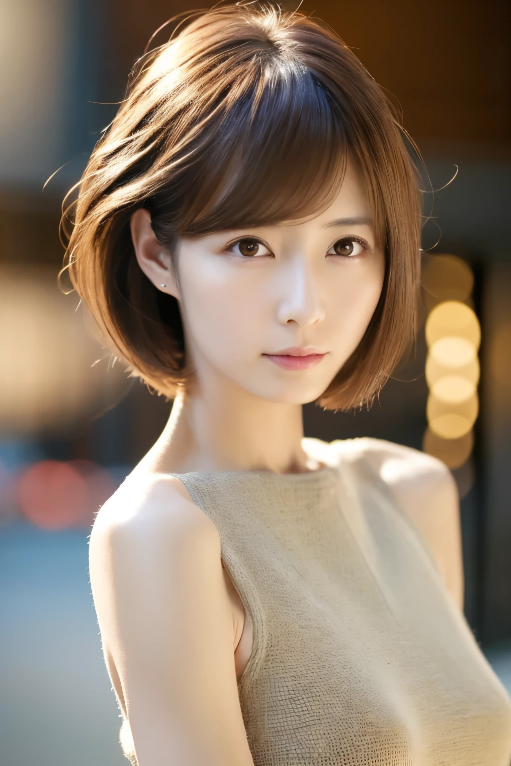 Top quality, realistic, perfect human body structure, very detailed, very delicate and beautiful, RAW photography, professional lighting, luminescence, depth of field, single focal, full body, Skinny Japanese lady, 30 years old lady, brown hair, small head, beautiful eyes, real face, realistic skin, detailed eyes, (fashionable hairstyle: 1.3),