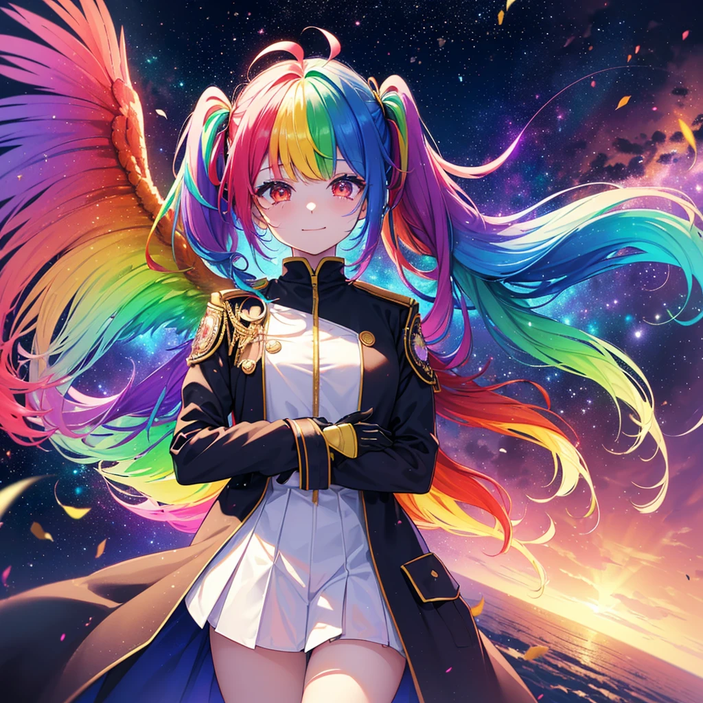 ((Fantasy　Rainbow Hair　Make your hair rainbow-colored on the inside　Twin tails　Dull red eyes　Have a galaxy　uniform　Put on a coat...