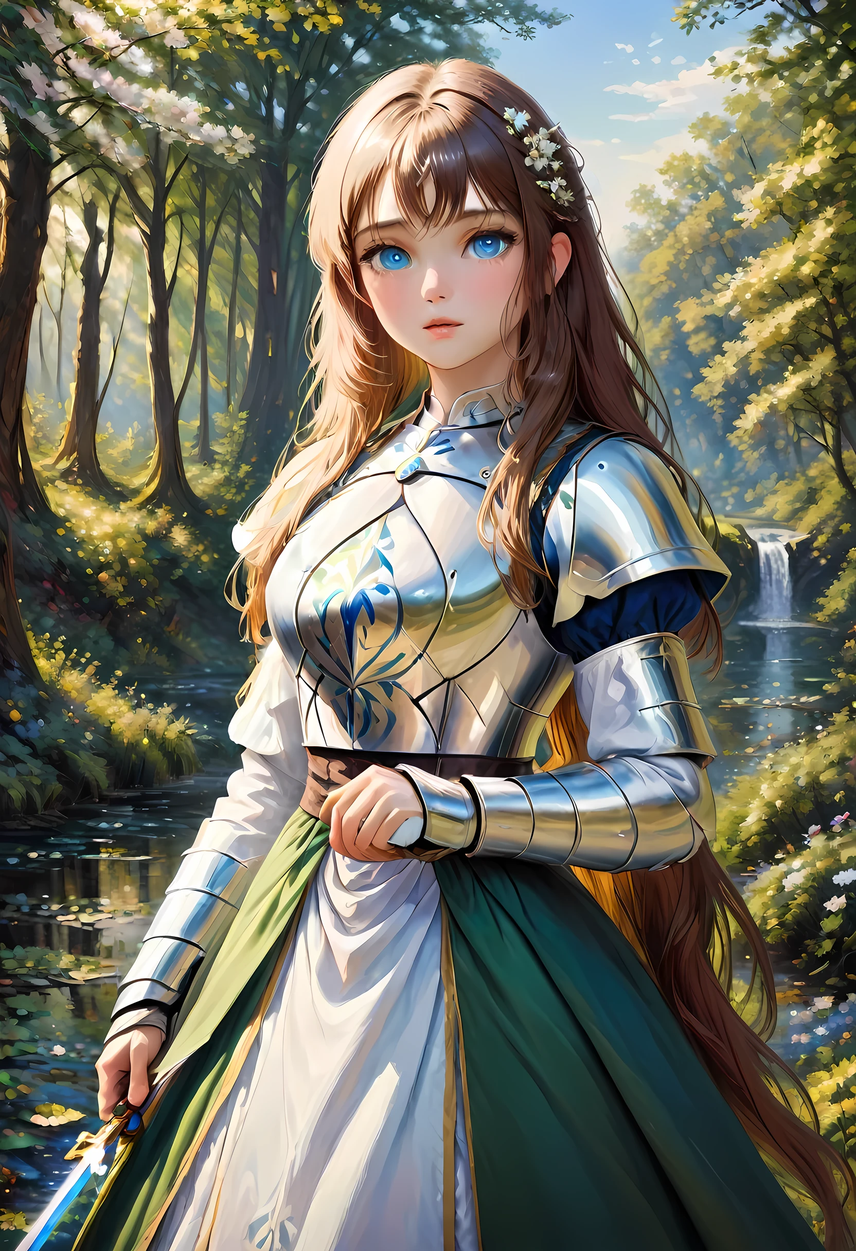 (Claude Monet Style:1.5) Claude_Monet style painting, a picture of woman paladin of nature protecting the forest, a woman knight, black hair, long hair, full body (best details, Masterpiece, best quality :1.5), ultra detailed face (best details, Masterpiece, best quality :1.5), ultra feminine (best details, Masterpiece, best quality :1.5), black hair, long hair, braided hair, pale skin, (deep blue: 1.2) eyes, intense eyes, wearying heavy armor, white armor (best details, Masterpiece, best quality :1.5), green cloak, armed with a sword, glowing sword GlowingRunes_green, fantasy forest background, D&D art, RPG art, magical atmosphere magic-fantasy-forest, ultra best realistic, best details, best quality, 16k, [ultra detailed], masterpiece, best quality, (extremely detailed), ultra wide shot, photorealism, depth of field, hyper realistic painting, ArmoredDress