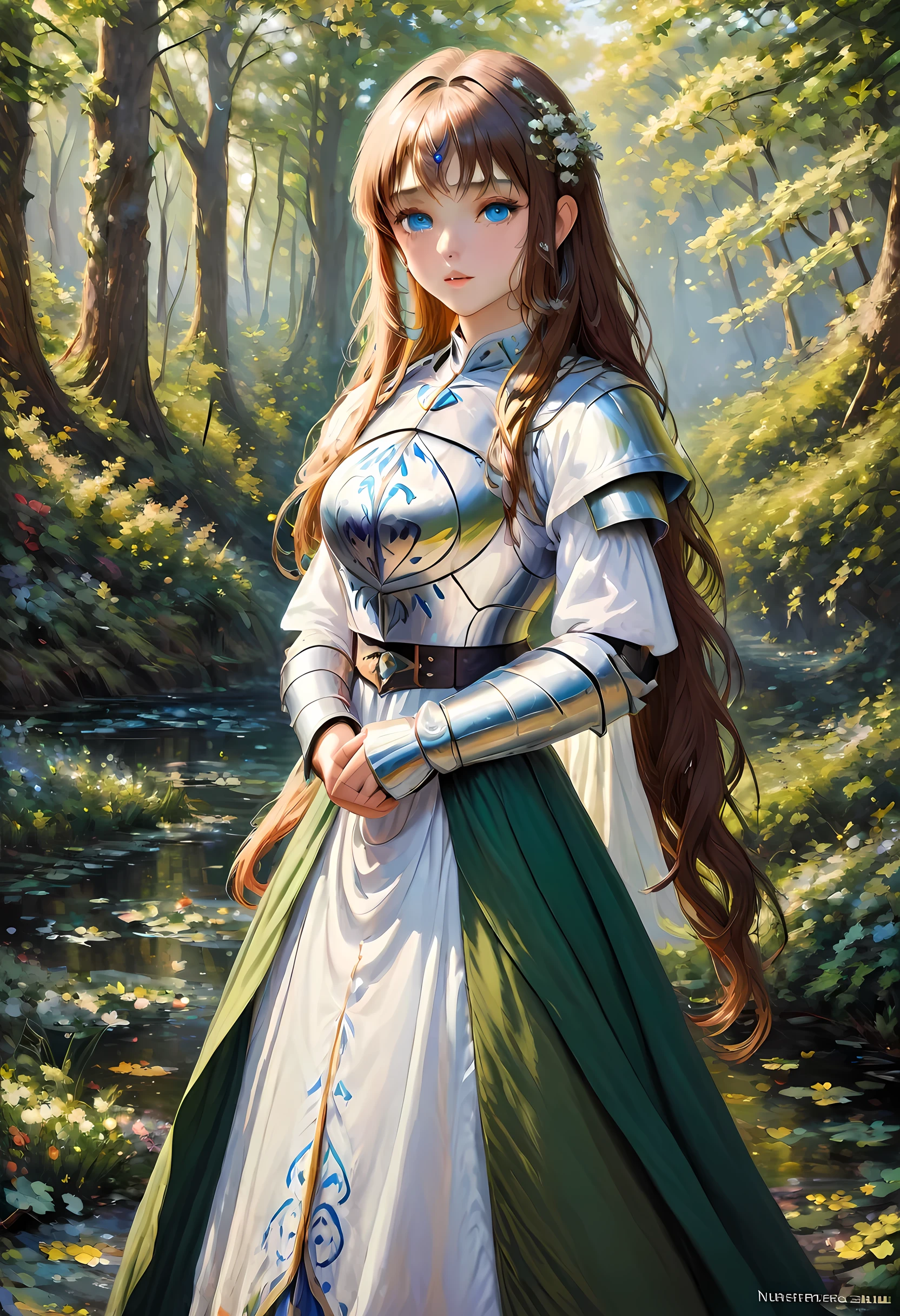 (Claude Monet Style:1.5) Claude_Monet style painting, a picture of woman paladin of nature protecting the forest, a woman knight, black hair, long hair, full body (best details, Masterpiece, best quality :1.5), ultra detailed face (best details, Masterpiece, best quality :1.5), ultra feminine (best details, Masterpiece, best quality :1.5), black hair, long hair, braided hair, pale skin, (deep blue: 1.2) eyes, intense eyes, wearying heavy armor, white armor (best details, Masterpiece, best quality :1.5), green cloak, armed with a sword, glowing sword GlowingRunes_green, fantasy forest background, D&D art, RPG art, magical atmosphere magic-fantasy-forest, ultra best realistic, best details, best quality, 16k, [ultra detailed], masterpiece, best quality, (extremely detailed), ultra wide shot, photorealism, depth of field, hyper realistic painting, ArmoredDress