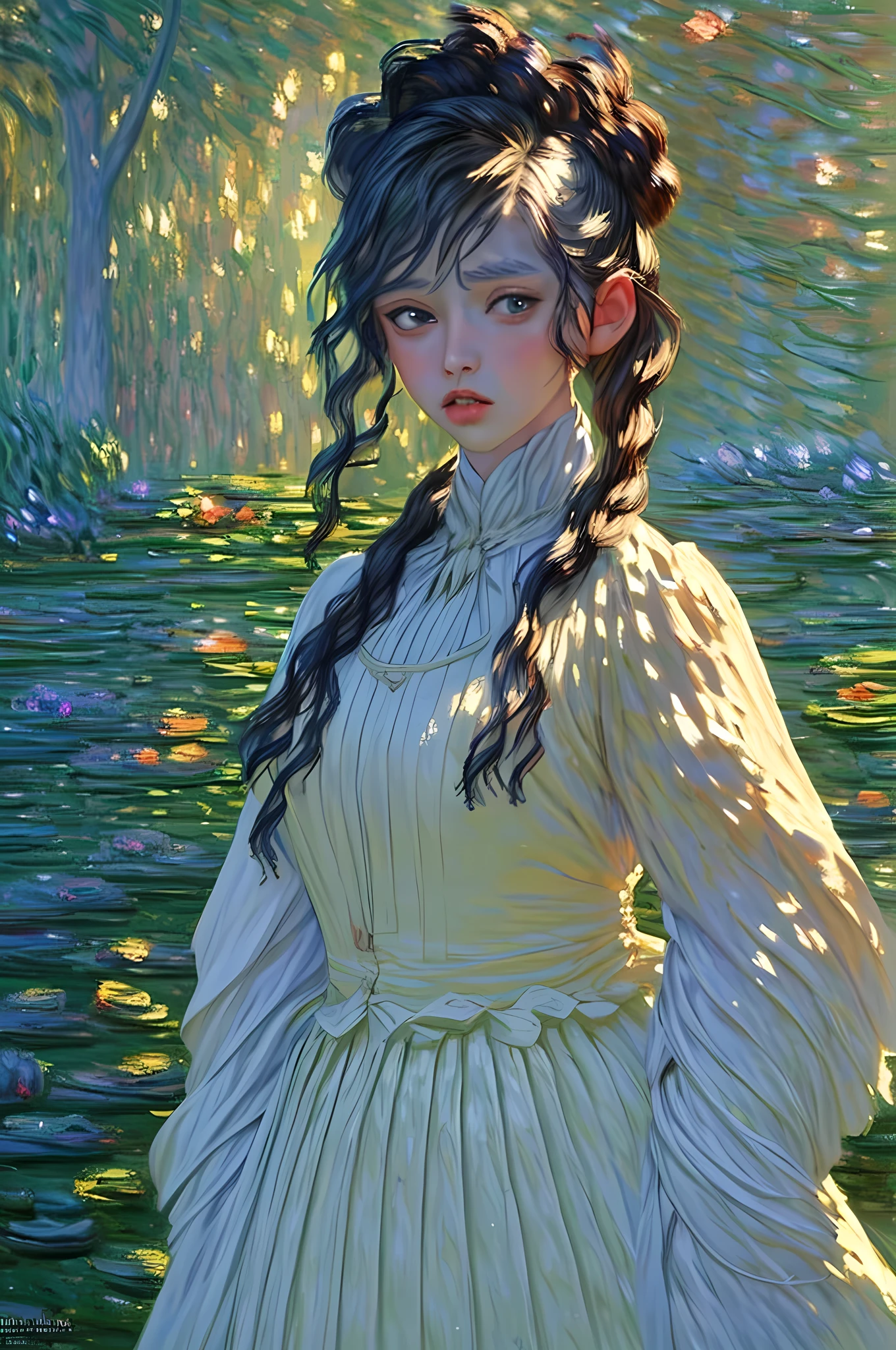 (Claude Monet Style:1.5) Claude_Monet style painting, a picture of woman paladin of nature protecting the forest, a woman knight, black hair, long hair, full body (best details, Masterpiece, best quality :1.5), ultra detailed face (best details, Masterpiece, best quality :1.5), ultra feminine (best details, Masterpiece, best quality :1.5), black hair, long hair, braided hair, pale skin, (deep blue: 1.2) eyes, intense eyes, wearying heavy armor, white armor (best details, Masterpiece, best quality :1.5), green cloak, armed with a sword, glowing sword GlowingRunes_green, fantasy forest background, D&D art, RPG art, magical atmosphere magic-fantasy-forest, ultra best realistic, best details, best quality, 16k, [ultra detailed], masterpiece, best quality, (extremely detailed), ultra wide shot, photorealism, depth of field, hyper realistic painting, ArmoredDress