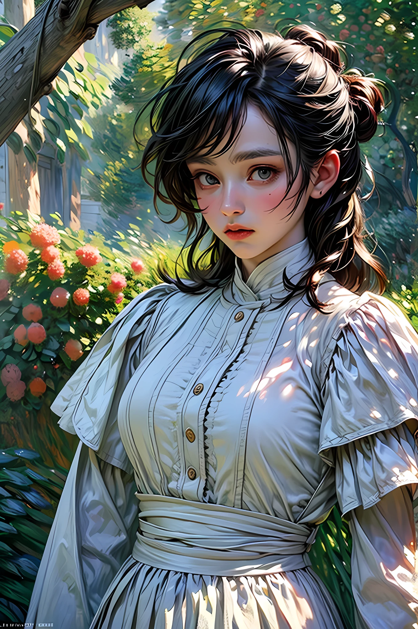 (Claude Monet Style:1.5) Claude_Monet, a picture of woman paladin of nature protecting the forest, a woman knight, black hair, long hair, full body (best details, Masterpiece, best quality :1.5), ultra detailed face (best details, Masterpiece, best quality :1.5), ultra feminine (best details, Masterpiece, best quality :1.5), black hair, long hair, braided hair, pale skin, (deep blue: 1.2) eyes, intense eyes, wearying heavy armor, white armor (best details, Masterpiece, best quality :1.5), green cloak, armed with a sword, glowing sword GlowingRunes_green, fantasy forest background, D&D art, RPG art, magical atmosphere magic-fantasy-forest, ultra best realistic, best details, best quality, 16k, [ultra detailed], masterpiece, best quality, (extremely detailed), ultra wide shot, photorealism, depth of field, hyper realistic painting