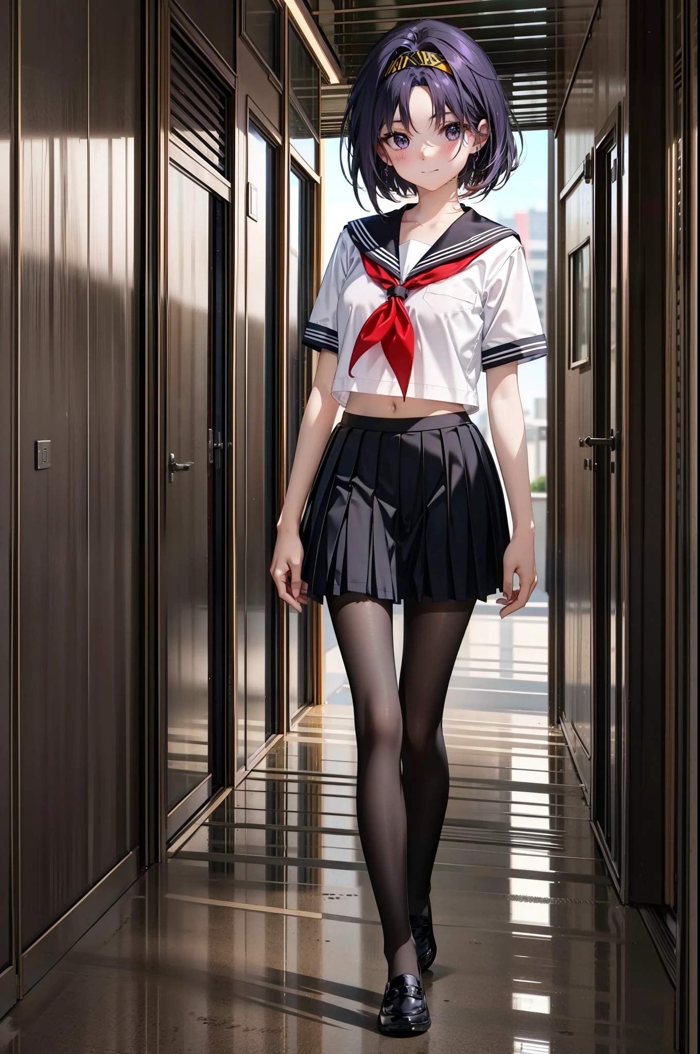 yuukikonno, Yuki Konno,Black Hair,short hair,Bob Hair ,Green headband,(iris:1.5), (Small breasts:1.2), smile,Japanese schoolgirl(Black Sailor Suit),Short sleeve,Black pleated skirt,Black pantyhose,Brown Loafers,whole bodyがイラストに入るように,walk,
break outdoors,  city,construction area,
break looking at viewer, whole body,
break (masterpiece:1.2), highest quality, High resolution, unity 8k wallpaper, (shape:0.8), (Beautiful details:1.6), Highly detailed face, Perfect lighting, Extremely detailed CG, (Perfect hands, Perfect Anatomy),