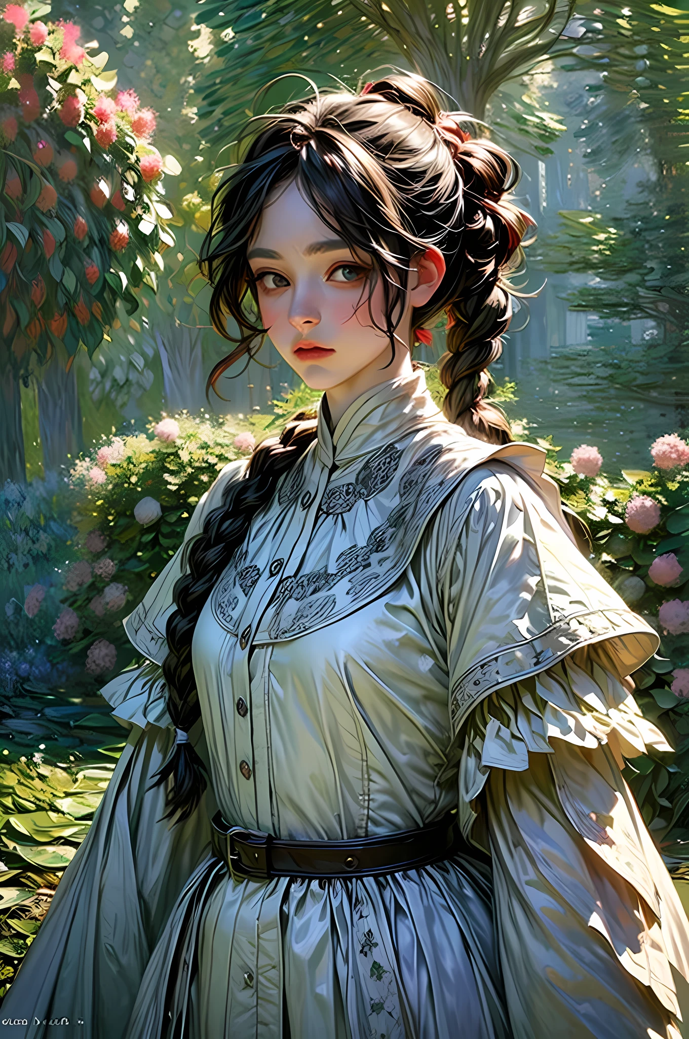 (Claude Monet Style:1.5) Claude_Monet, a picture of woman paladin of nature protecting the forest, a woman knight, black hair, long hair, full body (best details, Masterpiece, best quality :1.5), ultra detailed face (best details, Masterpiece, best quality :1.5), ultra feminine (best details, Masterpiece, best quality :1.5), black hair, long hair, braided hair, pale skin, (deep blue: 1.2) eyes, intense eyes, wearying heavy armor, white armor (best details, Masterpiece, best quality :1.5), green cloak, armed with a sword, glowing sword GlowingRunes_green, fantasy forest background, D&D art, RPG art, magical atmosphere magic-fantasy-forest, ultra best realistic, best details, best quality, 16k, [ultra detailed], masterpiece, best quality, (extremely detailed), ultra wide shot, photorealism, depth of field, hyper realistic painting