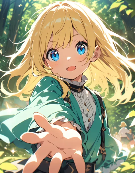 atmospheric perspective, depth of field, cinematic lighting, sparkle, f/2.8, 135mm, UHD, retina, high details, high quality, highres, best quality, 4K、In a fantastic forest、fairy girl、Blonde、Blue Eyes、A fantastic outfit based on white、A fantastic atmospher...