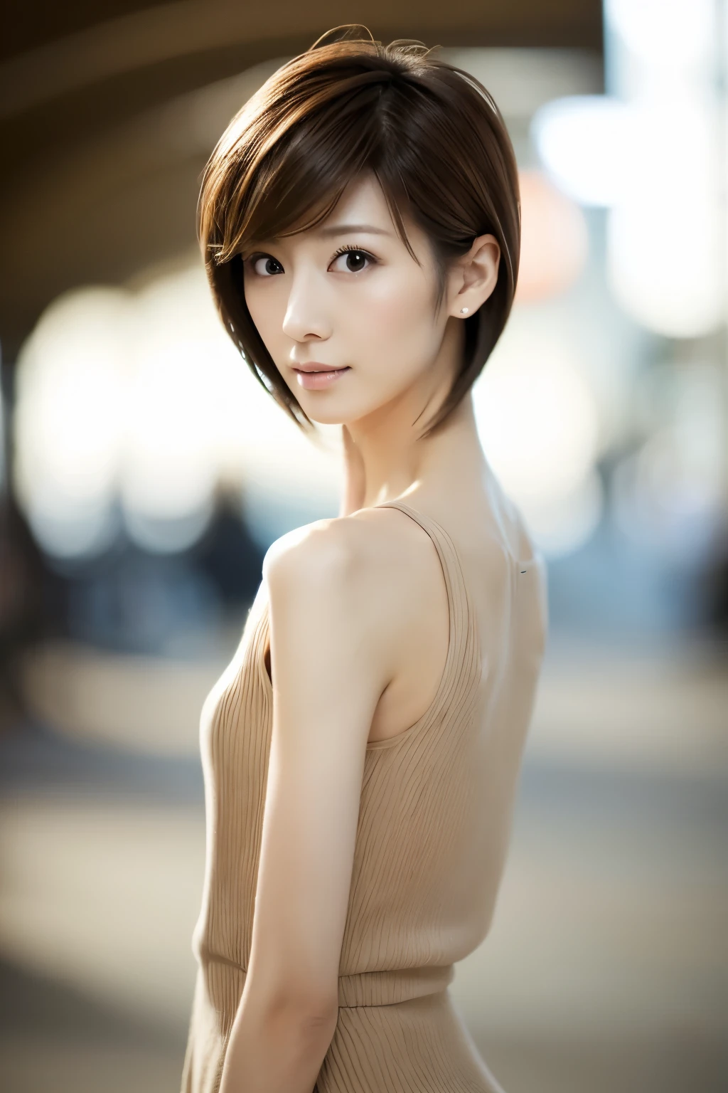 Top quality, realistic, perfect human body structure, very detailed, very delicate and beautiful, RAW photography, professional lighting, luminescence, depth of field, single focal, full body, Skinny Japanese lady, 30 years old lady, brown hair, small head, beautiful eyes, real face, realistic skin, detailed eyes, (fashionable hairstyle: 1.3),