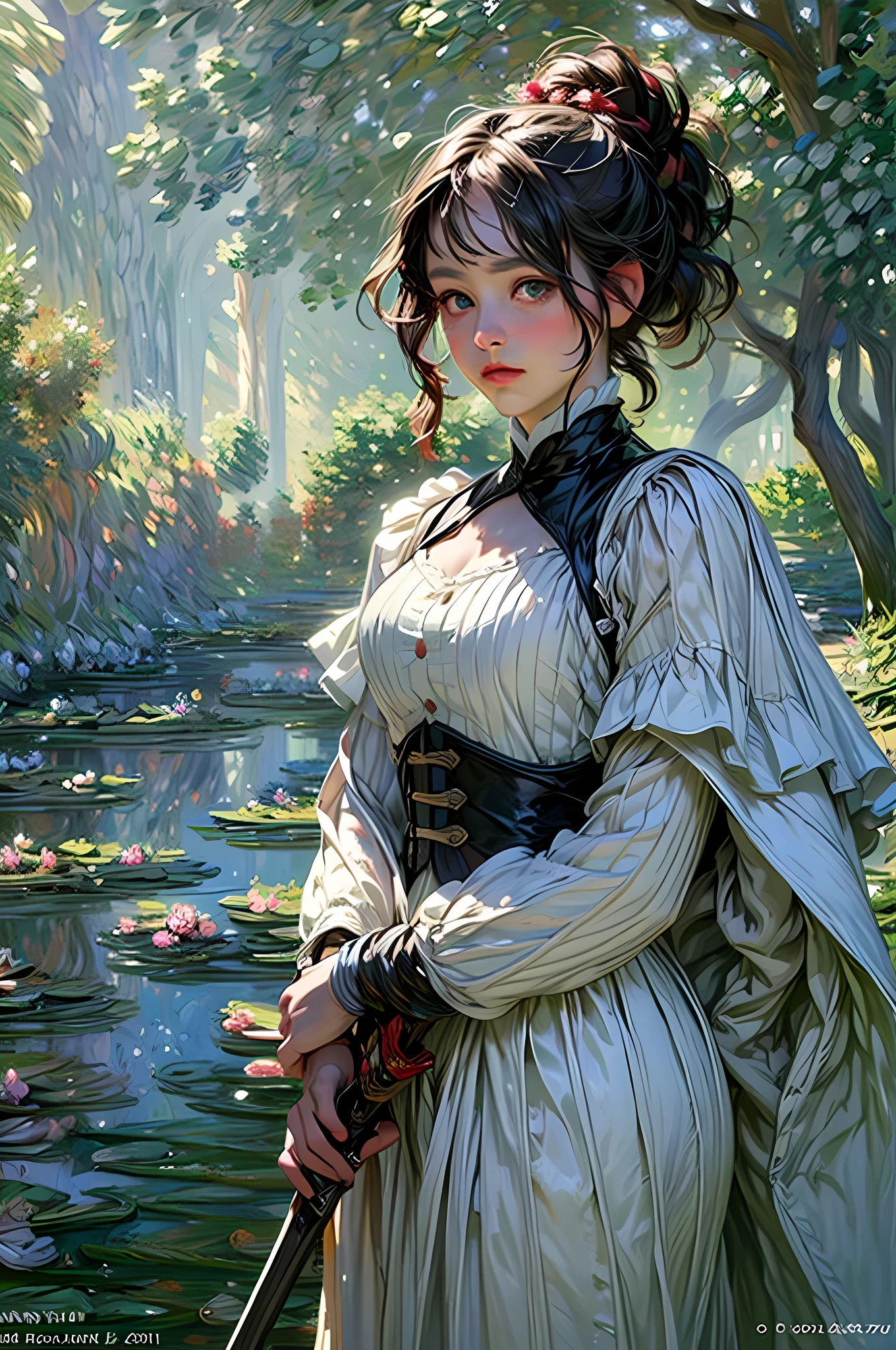 (Claude Monet Style:1.5) Claude_Monet, a picture of woman paladin of nature protecting the forest, a woman knight, black hair, long hair, full body (best details, Masterpiece, best quality :1.5), ultra detailed face (best details, Masterpiece, best quality :1.5), ultra feminine (best details, Masterpiece, best quality :1.5), black hair, long hair, braided hair, pale skin, (deep blue: 1.2) eyes, intense eyes, wearying heavy armor, white armor (best details, Masterpiece, best quality :1.5), green cloak, armed with a sword, glowing sword GlowingRunes_green, fantasy forest background, D&D art, RPG art, magical atmosphere magic-fantasy-forest, ultra best realistic, best details, best quality, 16k, [ultra detailed], masterpiece, best quality, (extremely detailed), ultra wide shot, photorealism, depth of field, hyper realistic painting, wearing MHmix