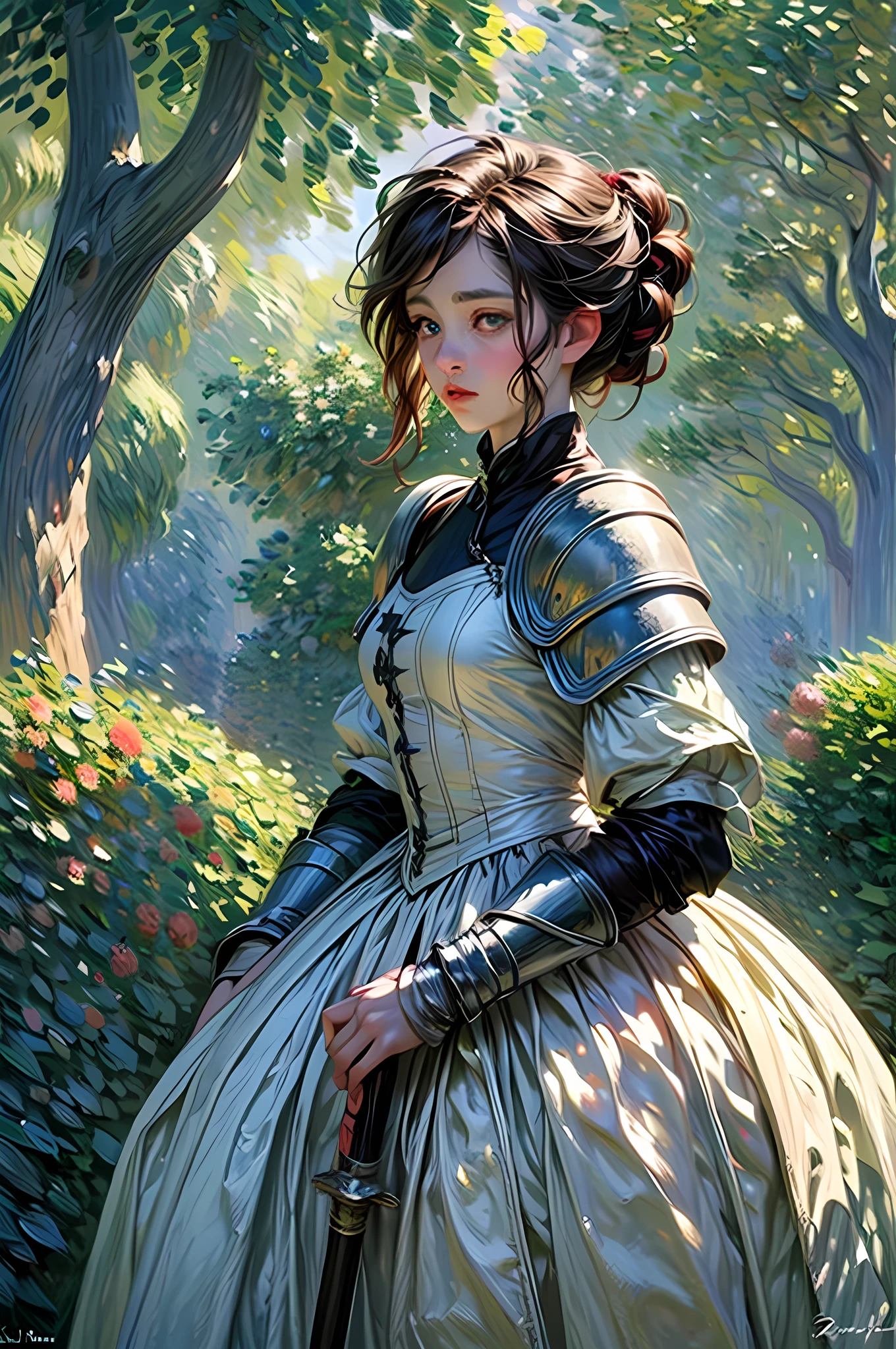 (Claude Monet Style:1.5) Claude_Monet style painting, a picture of woman paladin of nature protecting the forest, a woman knight, black hair, long hair, full body (best details, Masterpiece, best quality :1.5), ultra detailed face (best details, Masterpiece, best quality :1.5), ultra feminine (best details, Masterpiece, best quality :1.5), black hair, long hair, braided hair, pale skin, (deep blue: 1.2) eyes, intense eyes, wearying heavy armor, white armor (best details, Masterpiece, best quality :1.5), green cloak, armed with a sword, glowing sword GlowingRunes_green, fantasy forest background, D&D art, RPG art, magical atmosphere magic-fantasy-forest, ultra best realistic, best details, best quality, 16k, [ultra detailed], masterpiece, best quality, (extremely detailed), ultra wide shot, photorealism, depth of field, hyper realistic painting, ArmoredDress