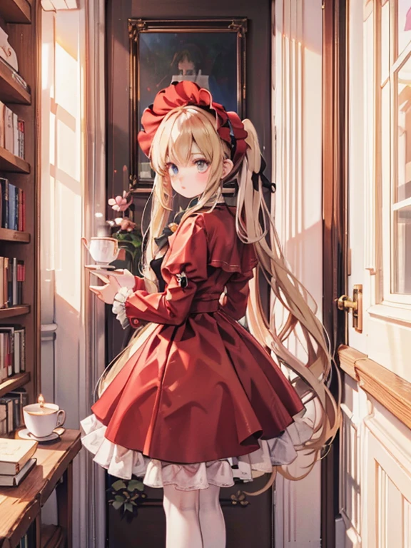 masterpiece, highest quality, Very detailed, 16k, Ultra-high resolution, Cowboy Shot, One 8-year-old girl, Detailed face, Perfect Fingers, Golden Eyes, Blonde,  Original Costume, Twin tails, bonnet、Red dress、White pantyhose cup、Black shoes, Western-style building, libraryai