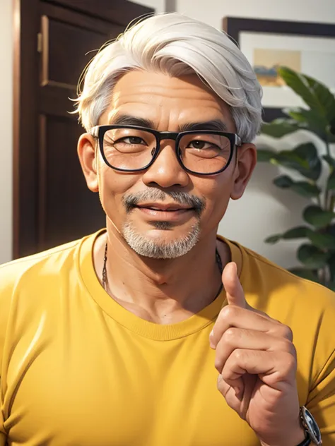 An Indonesian man. 170 cm height, 65 kg weight.  He is 47 years old. Some white hair. Realistic 3D caricature. Handsome. Wearing...