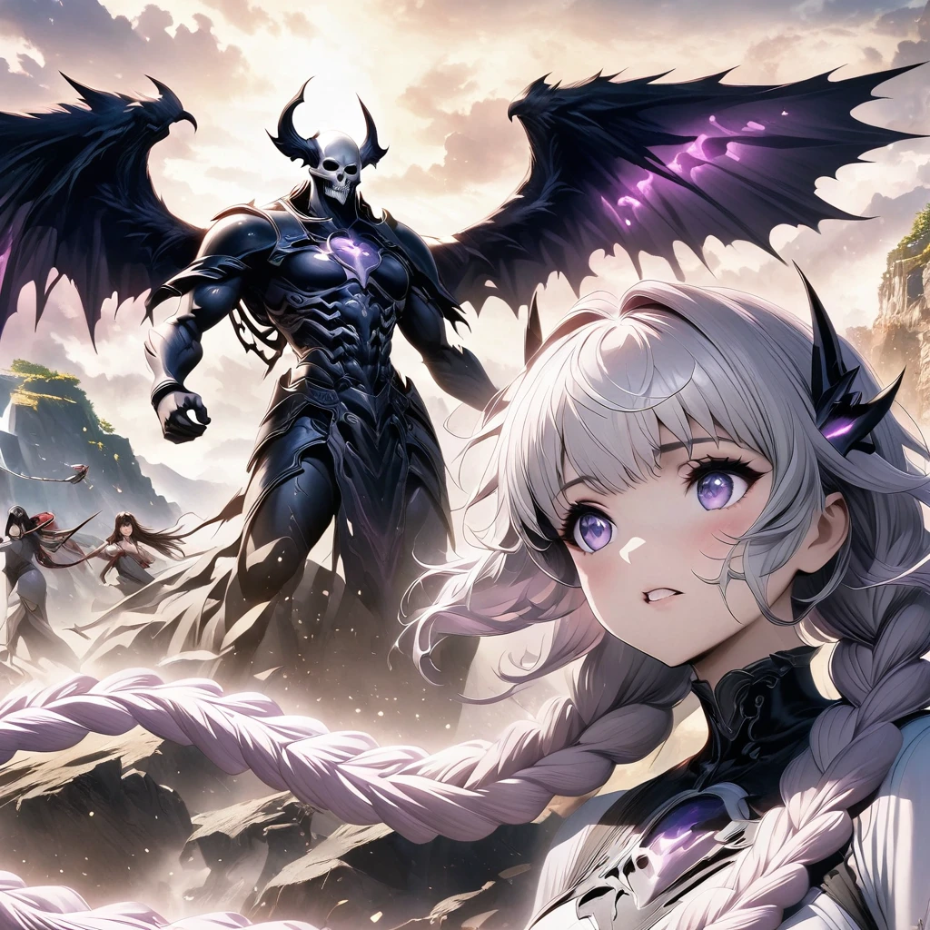 Démon de la mort,île aux dragons, Fille double tresse,(fond blanc:1.2)，Personnage de dessin animé avec des ailes survolant une femme en robe violette et blanche, Anime cool 8K, Fille anime diable,  Divinité aux cheveux blancs, oeuvre épique d&#39;anime, meilleurs fonds d&#39;écran anime 4k konachan, ange chevalier fille, 2. Oeuvre fantastique d&#39;anime CGI 5D, Les anges regardent le diable, Art clé d’anime, Éros et Thanatos, Ange noir, style anime épique, Style artistique des chasseurs de fantômes