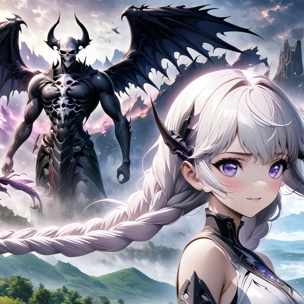 Démon de la mort,île aux dragons, Fille double tresse,(fond blanc:1.2)，Personnage de dessin animé avec des ailes survolant une femme en robe violette et blanche, Anime cool 8K, Fille anime diable,  Divinité aux cheveux blancs, oeuvre épique d&#39;anime, meilleurs fonds d&#39;écran anime 4k konachan, ange chevalier fille, 2. Oeuvre fantastique d&#39;anime CGI 5D, Les anges regardent le diable, Art clé d’anime, Éros et Thanatos, Ange noir, style anime épique, Style artistique des chasseurs de fantômes