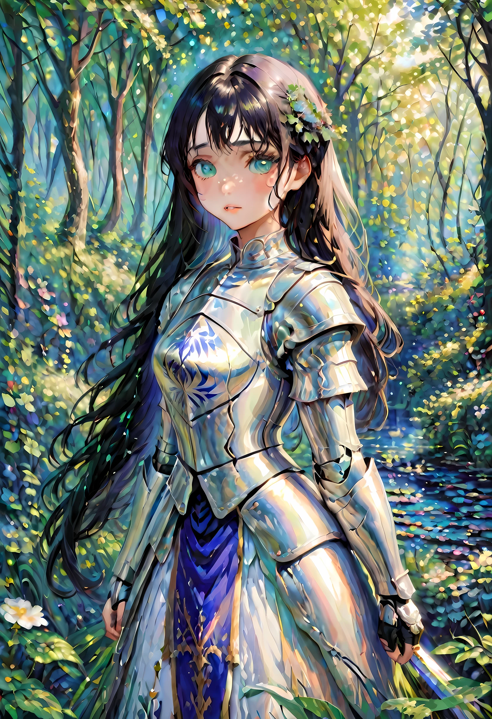 (Claude Monet Style:1.5) Claude_Monet style painting, a picture of woman paladin of nature protecting the forest, a woman knight, black hair, long hair, full body (best details, Masterpiece, best quality :1.5), ultra detailed face (best details, Masterpiece, best quality :1.5), ultra feminine (best details, Masterpiece, best quality :1.5), black hair, long hair, braided hair, pale skin, (deep blue: 1.2) eyes, intense eyes, wearying heavy armor, white armor (best details, Masterpiece, best quality :1.5), green cloak, armed with a sword, glowing sword GlowingRunes_green, fantasy forest background, D&D art, RPG art, magical atmosphere magic-fantasy-forest, ultra best realistic, best details, best quality, 16k, [ultra detailed], masterpiece, best quality, (extremely detailed), ultra wide shot, photorealism, depth of field, hyper realistic painting, ArmoredDress