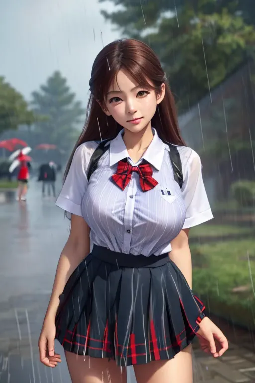 waistband of skirt is at the point above chest , school girl big breast , red knot , red bow , skirt dark red , plaid skirt , pl...