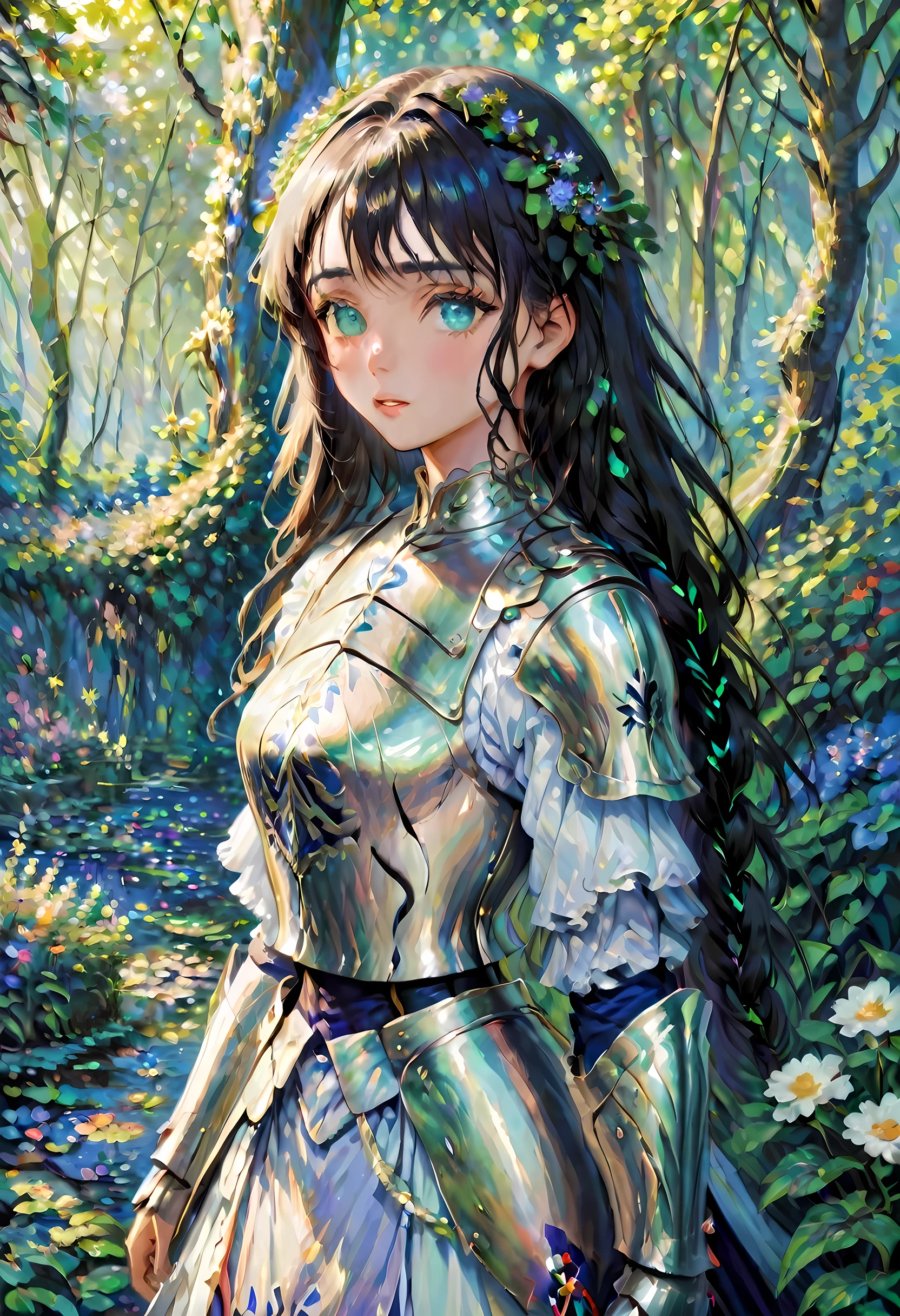 (Claude Monet Style:1.5) Claude_Monet style painting, a picture of woman paladin of nature protecting the forest, a woman knight, black hair, long hair, full body (best details, Masterpiece, best quality :1.5), ultra detailed face (best details, Masterpiece, best quality :1.5), ultra feminine (best details, Masterpiece, best quality :1.5), black hair, long hair, braided hair, pale skin, (deep blue: 1.2) eyes, intense eyes, wearying heavy armor, white armor (best details, Masterpiece, best quality :1.5), green cloak, armed with a sword, glowing sword GlowingRunes_green, fantasy forest background, D&D art, RPG art, magical atmosphere magic-fantasy-forest, ultra best realistic, best details, best quality, 16k, [ultra detailed], masterpiece, best quality, (extremely detailed), ultra wide shot, photorealism, depth of field, hyper realistic painting, ArmoredDress