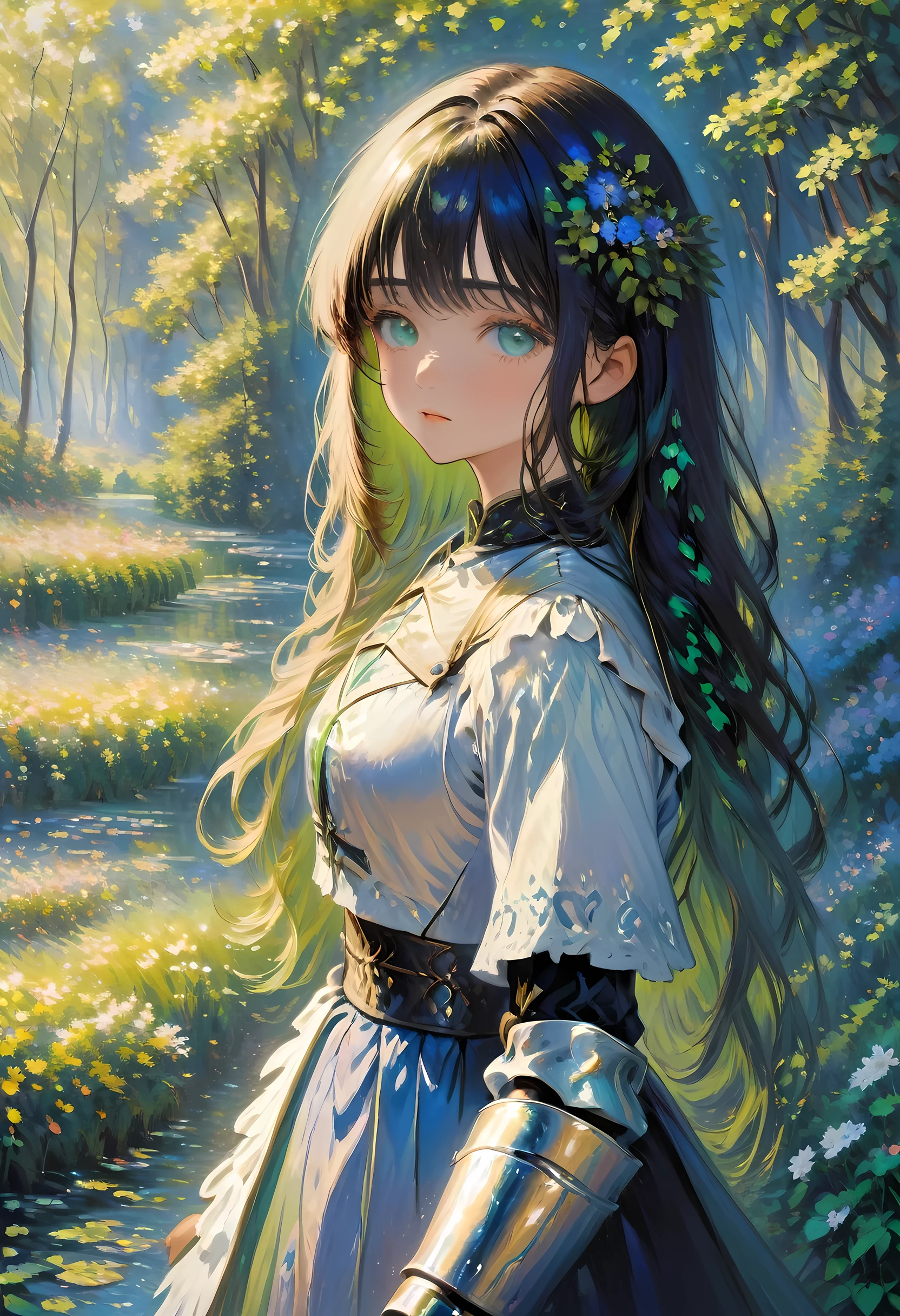 (Claude Monet Style:1.5) Claude_Monet style painting, a picture of woman paladin of nature protecting the forest, a woman knight, black hair, long hair, full body (best details, Masterpiece, best quality :1.5), ultra detailed face (best details, Masterpiece, best quality :1.5), ultra feminine (best details, Masterpiece, best quality :1.5), black hair, long hair, braided hair, pale skin, (deep blue: 1.2) eyes, intense eyes, wearying heavy armor, white armor (best details, Masterpiece, best quality :1.5), green cloak, armed with a sword, glowing sword GlowingRunes_green, fantasy forest background, D&D art, RPG art, magical atmosphere magic-fantasy-forest, ultra best realistic, best details, best quality, 16k, [ultra detailed], masterpiece, best quality, (extremely detailed), ultra wide shot, photorealism, depth of field, hyper realistic painting, ArmoredDress