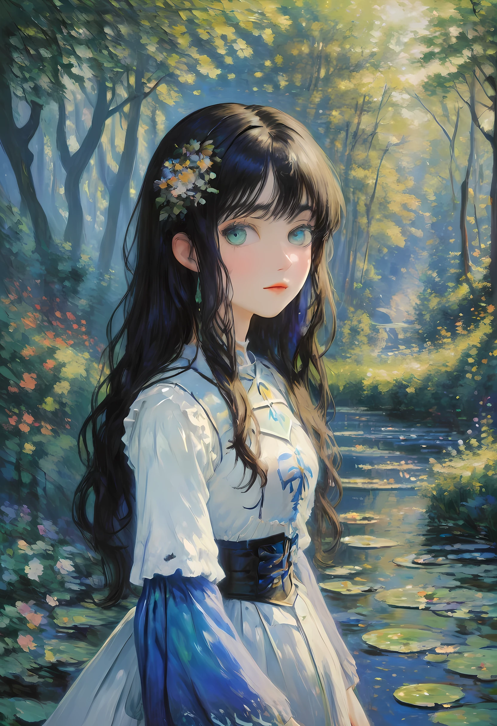 (Cláudio Monet Style:1.5) Cláudio_Pintura estilo Monet, uma foto de uma mulher paladina da natureza protegendo a floresta, uma mulher cavaleiro, Cabelo preto, cabelo longo, corpo todo (melhores detalhes, obra de arte, melhor qualidade :1.5), ultra detalhado face (melhores detalhes, obra de arte, melhor qualidade :1.5), ultra feminine (melhores detalhes, obra de arte, melhor qualidade :1.5), Cabelo preto, cabelo longo, Cabelo trançado, pele pálida, (azul profundo: 1.2) olhos, intense olhos, vestindo armadura pesada, armadura branca (melhores detalhes, obra de arte, melhor qualidade :1.5), verde cloak, Armado com uma espada, espada brilhante GlowingRunes_verde, fundo de floresta de fantasia, D&Arte D, Arte RPG, atmosfera mágica floresta mágica-fantasia, ultra melhor realista, melhores detalhes, melhor qualidade, 16k, [ultra detalhado], obra de arte, melhor qualidade, (extremamente detalhado), foto ultra ampla, fotorrealismo, profundidade de campo, pintura hiper realista, Vestido Blindado