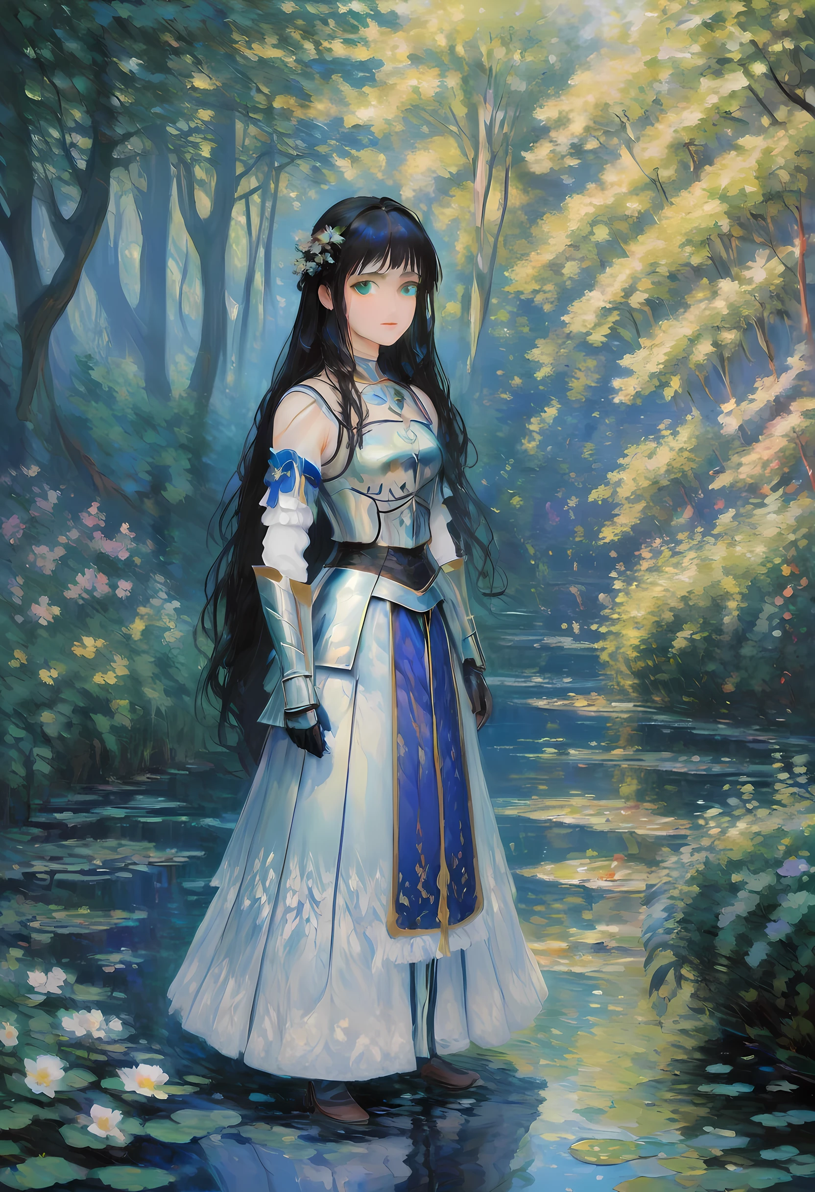 (Claude Monet Style:1.5) Claude_Monet style painting, a picture of woman paladin of nature protecting the forest, a woman knight, black hair, long hair, full body (best details, Masterpiece, best quality :1.5), ultra detailed face (best details, Masterpiece, best quality :1.5), ultra feminine (best details, Masterpiece, best quality :1.5), black hair, long hair, braided hair, pale skin, (deep blue: 1.2) eyes, intense eyes, wearying heavy armor, white armor (best details, Masterpiece, best quality :1.5), green cloak, armed with a sword, glowing sword GlowingRunes_green, fantasy forest background, D&D art, RPG art, magical atmosphere magic-fantasy-forest, ultra best realistic, best details, best quality, 16k, [ultra detailed], masterpiece, best quality, (extremely detailed), ultra wide shot, photorealism, depth of field, hyper realistic painting, ArmoredDress