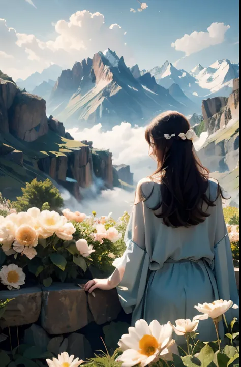 1 girl,flower，mountains，mist，back