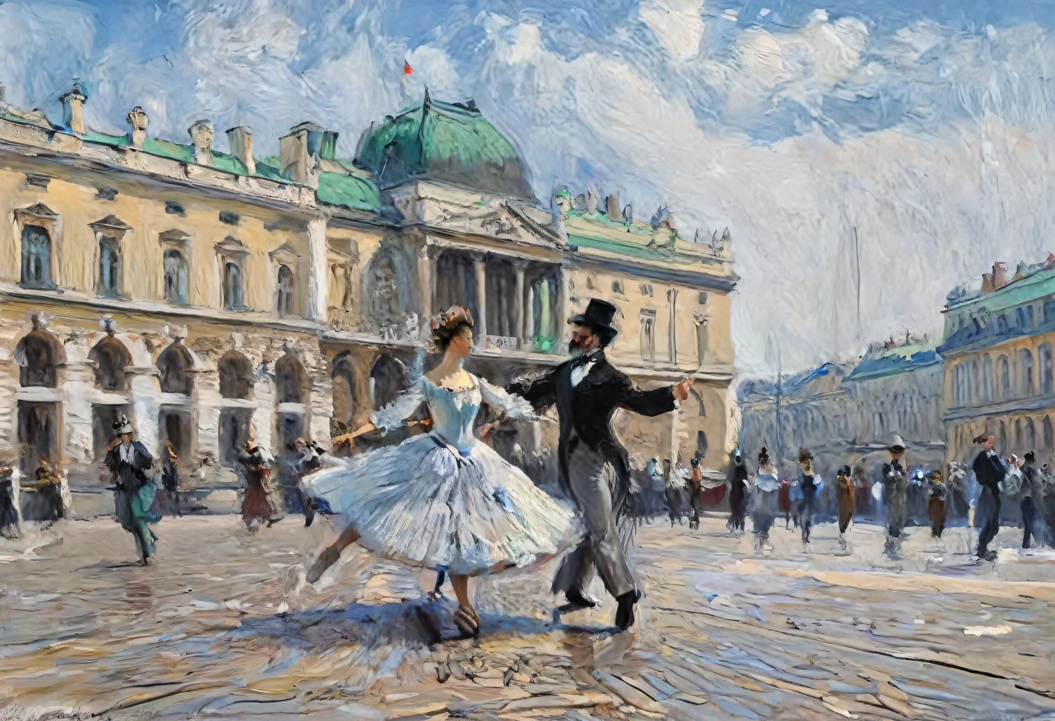 Peinture de Claude Monet danseuse de rue sur la place du palais de St. Saint-Pétersbourg, huile sur toile, respect total du style de Claude Monet