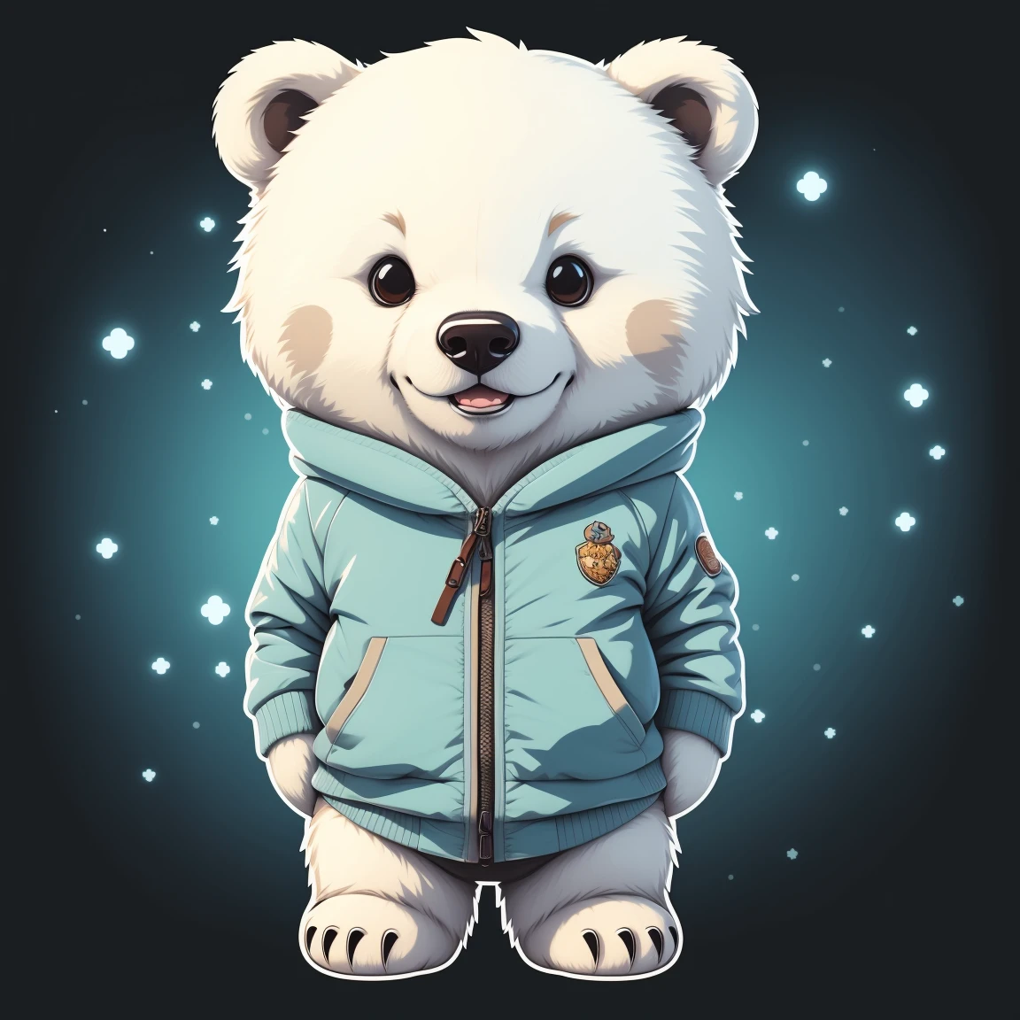 스티커 스타일, 애니메이션 스타일, 치비, 곰 1마리, 귀여운 북극곰 아바타, 판타지 배경