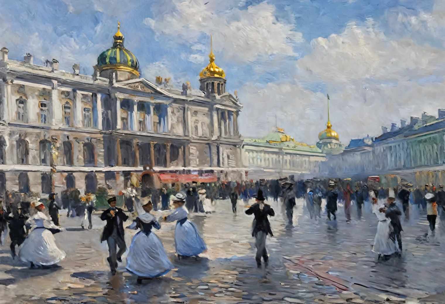 Pintura do dançarino de rua Claude Monet na praça do palácio de St.. Petersburgo, óleo sobre tela, total conformidade com o estilo de Claude Monet