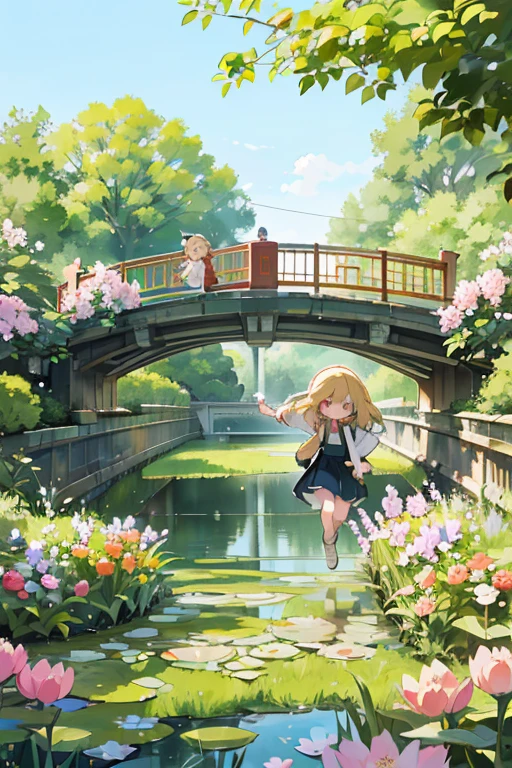 印象派, 克劳德·莫奈风格, 和諧, 优美, 法國10, 兩個長髮金髮女孩在運河上的日本橋上奔跑，背景是花園, 布面油画,,