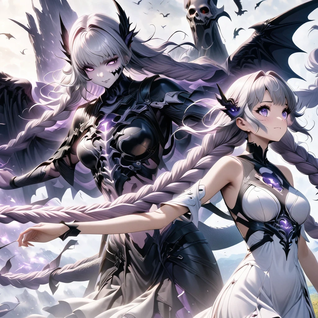 Démon de la mort,île aux dragons, Fille double tresse,(fond blanc:1.2)，Personnage de dessin animé avec des ailes survolant une femme en robe violette et blanche, Anime cool 8K, Fille anime diable,  Divinité aux cheveux blancs, oeuvre épique d&#39;anime, meilleurs fonds d&#39;écran anime 4k konachan, ange chevalier fille, 2. Oeuvre fantastique d&#39;anime CGI 5D, Les anges regardent le diable, Art clé d’anime, Éros et Thanatos, Ange noir, style anime épique, Style artistique des chasseurs de fantômes