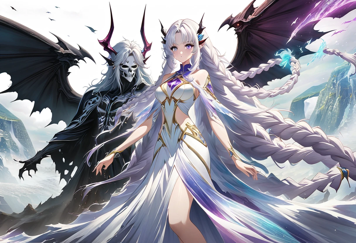 Death Demon,Dragon Island, Double braid girl,(White background:1.2)，Cartoon character with wings flying over woman in purple and white dress, Anime fantasy illustration, white hair deity, Fantasy style anime, Anime Fantasy Artwork, Anime Cover, Fantasy art style, Ethereal Anime, white hair, white hair, Beautiful fantasy anime, Nixon and Sagemchan, Queen and ruler of the universe, Anime style 4k， Cool anime 8K, Devil anime girl, Anime epic artwork, best anime 4k konachan wallpapers, angel knight girl, 2. 5D CGI anime fantasy artwork, Angels Watching the Devil, Anime Key Art, Eros and Thanatos, Dark Angel, Epic anime style, Ghost Hunters Art Style