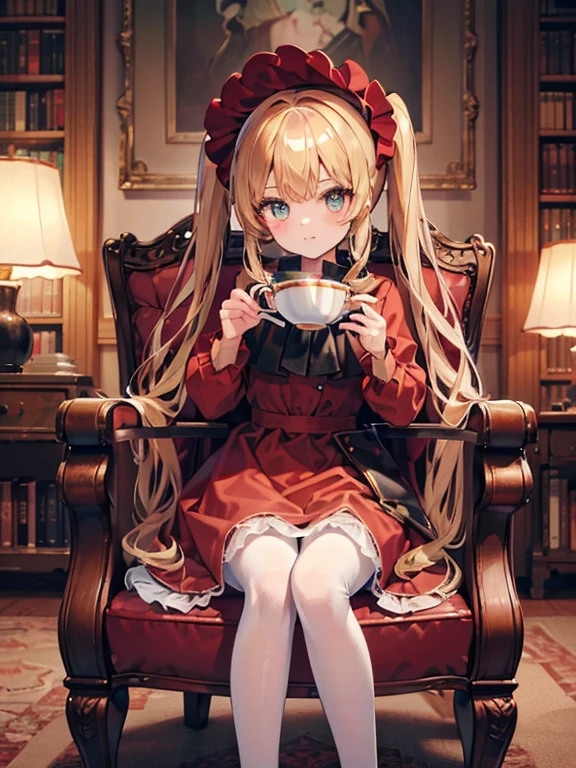 masterpiece, highest quality, Very detailed, 16k, Ultra-high resolution, Cowboy Shot, One 8-year-old girl, Detailed face, Perfect Fingers, Golden Eyes, Blonde,  Original Costume, Twin tails, bonnet、Red dress、White pantyhose cup、Black shoes, Western-style building, libraryai, Sit in a luxurious chair, Drinking tea