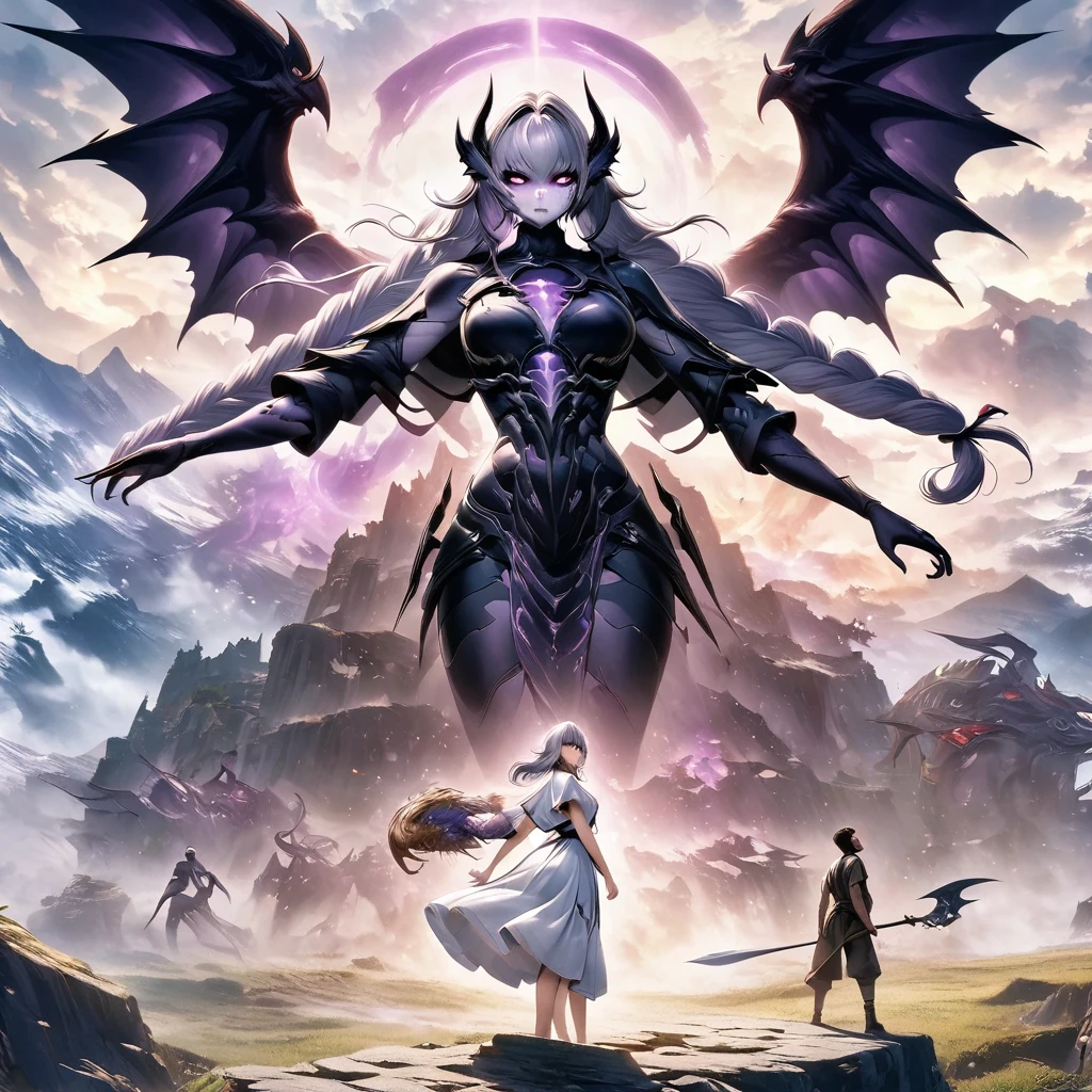 Démon de la mort,île aux dragons, Fille double tresse,(fond blanc:1.2)，Personnage de dessin animé avec des ailes survolant une femme en robe violette et blanche, Anime cool 8K, Fille anime diable,  Divinité aux cheveux blancs, oeuvre épique d&#39;anime, meilleurs fonds d&#39;écran anime 4k konachan, ange chevalier fille, 2. Oeuvre fantastique d&#39;anime CGI 5D, Les anges regardent le diable, Art clé d’anime, Éros et Thanatos, Ange noir, style anime épique, Style artistique des chasseurs de fantômes