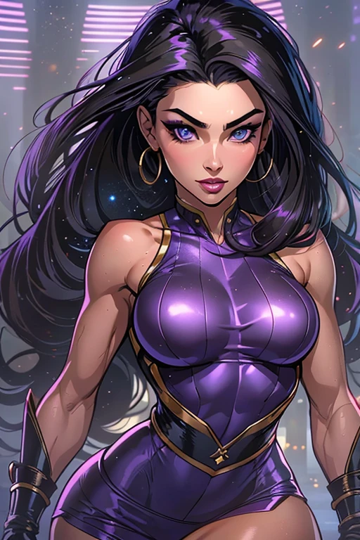 (high quality,realistic:1.2),full body shot,black hair, beautiful 25 years old girl,psylocke, marvel comic, detailed eyes, luscious lips,sensual gaze,luxurious texture,shimmering highlights,soft shadows,subtle smile,impeccable makeup,perfect skin tone,varied purple hues,mesmerizing presence,extraordinary attention to detail,immaculate shading,flawless complexion,expressive eyebrows,long eyelashes,graceful pose,stylish and confident demeanor, striking ,professional photography,rich color palette,subdued lighting,subtle bokeh effects,glowing complexion,meticulously crafted features,exquisite realism,artistic sophistication. mid distance, battle pose, war scene explosions, purple lasers, battle face expression, big breast, rounfd hips, small waist, fit body, light muscolar, perfect eyes, no nude
