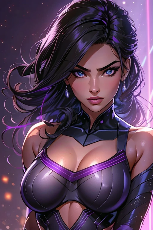 (high quality,realistic:1.2),full body shot,black hair, beautiful 25 years old girl,psylocke, marvel comic, detailed eyes, luscious lips,sensual gaze,luxurious texture,shimmering highlights,soft shadows,subtle smile,impeccable makeup,perfect skin tone,varied purple hues,mesmerizing presence,extraordinary attention to detail,immaculate shading,flawless complexion,expressive eyebrows,long eyelashes,graceful pose,stylish and confident demeanor, striking ,professional photography,rich color palette,subdued lighting,subtle bokeh effects,glowing complexion,meticulously crafted features,exquisite realism,artistic sophistication. mid distance, battle pose, war scene explosions, purple lasers, battle face expression, big breast, rounfd hips, small waist, fit body, light muscolar, perfect eyes, no nude
