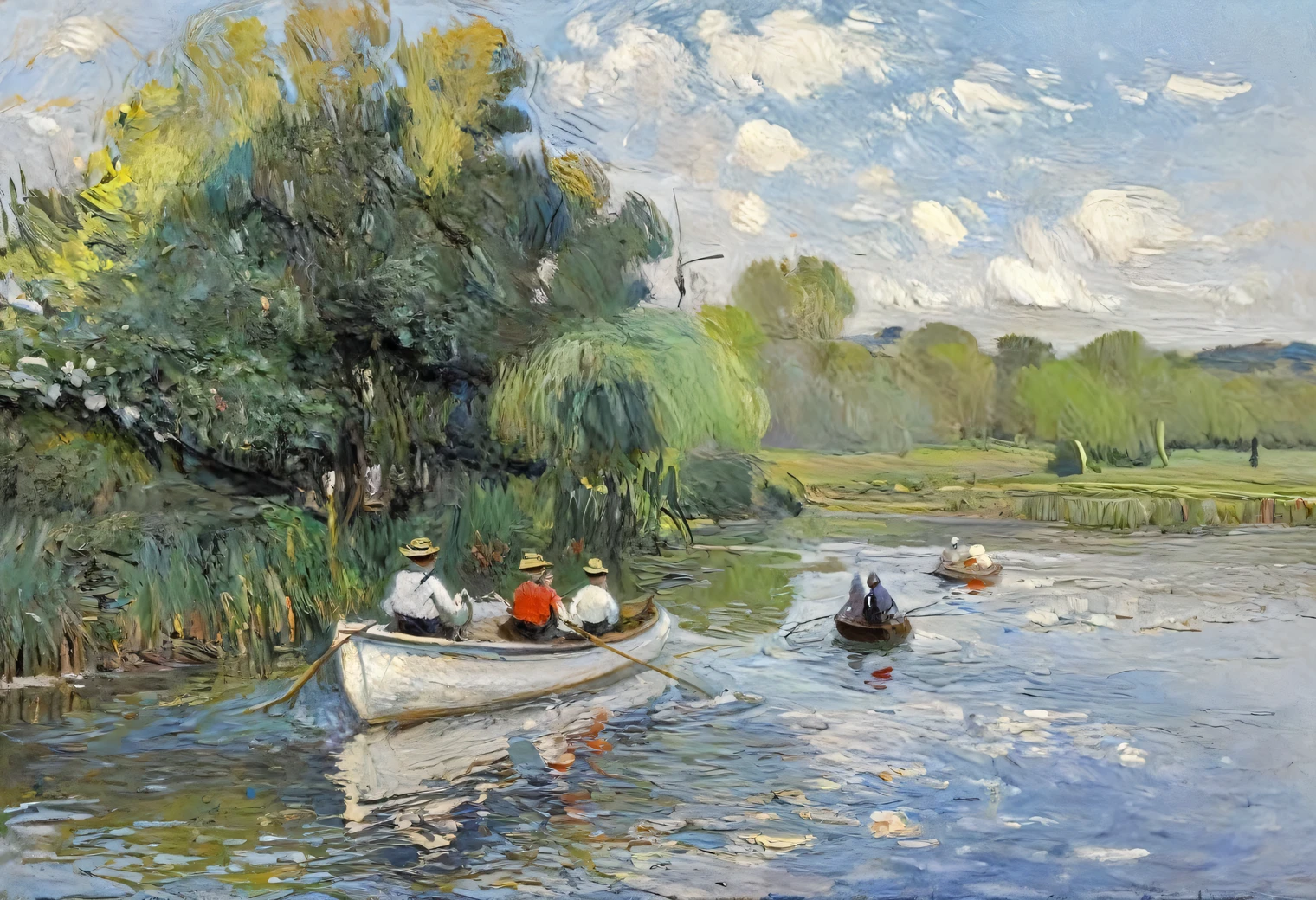 Pintura de Claude Monet: viaje en barco por un río tranquilo, Siglo 19, óleo sobre lienzo, Cumplimiento total del estilo de Claude Monet.