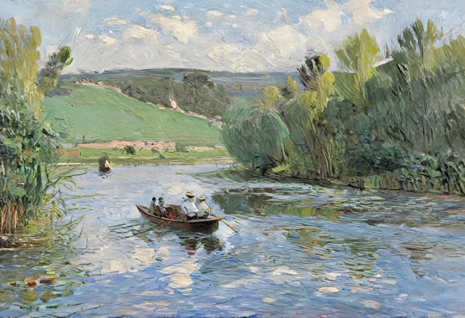 Peinture de Claude Monet promenade en bateau sur une rivière tranquille, 19ème siècle, huile sur toile, respect total du style de Claude Monet