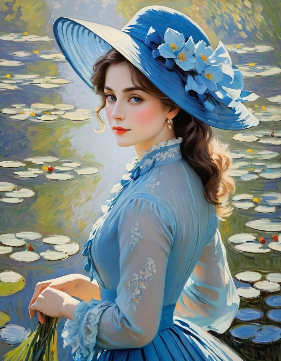 Estilo Claude Monet/Estilo Claude Monet，Senhora de azul，Não há sombras muito claras em Monet&#39;pinturas，Não há linhas de contorno proeminentes ou planas.。A representação colorida de luz e sombra é Monet&#39;a maior característica。