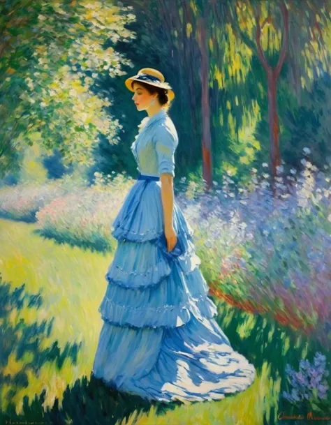 Claude Monet Style/Claude Monet style，Lady in blue，There are no very clear shadows in Monet&#39;s paintings，There are no promine...