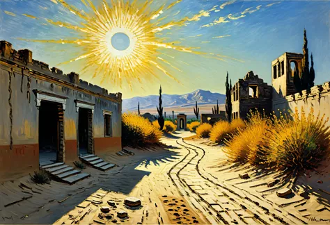 Claude Monet's painting, The bright desert sun scatters its drying rays, sand, ruins, dryness and heat, antiquity and mystery, m...