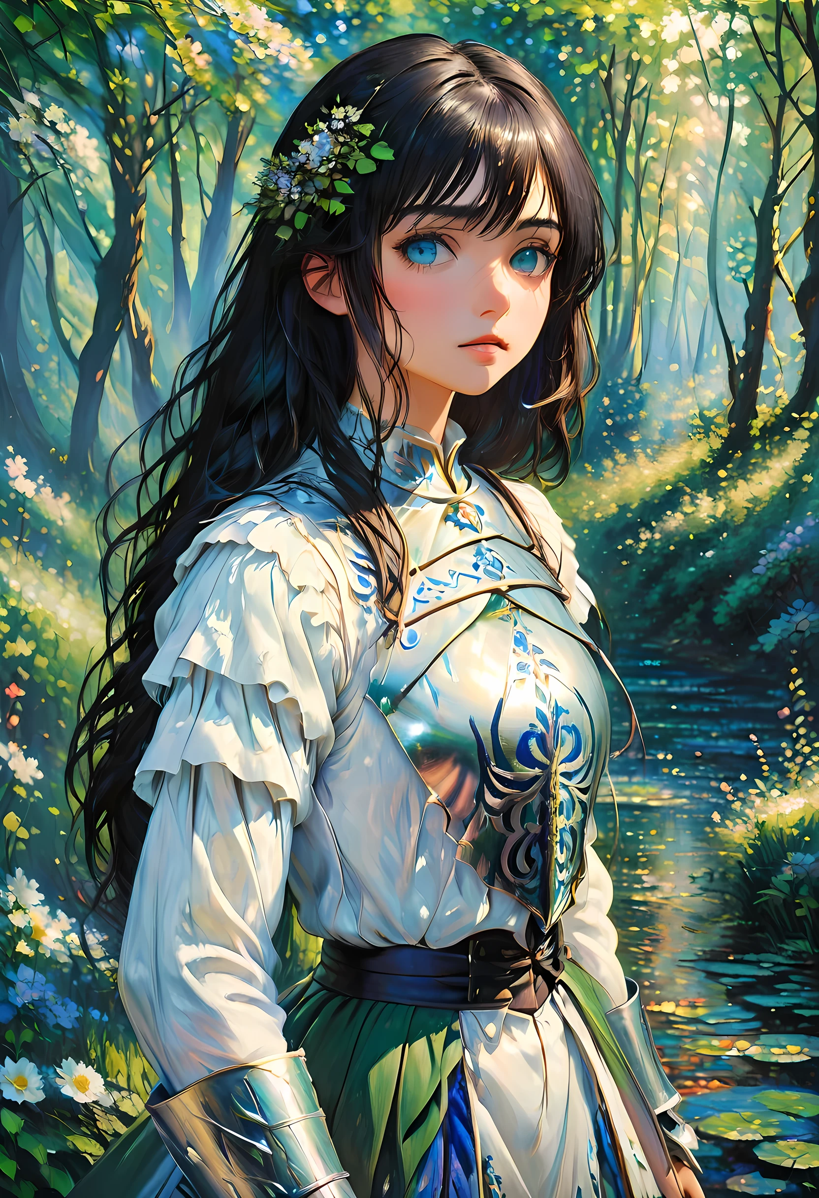 (claudio Monet Style:1.5) claudio_Pintura estilo Monet., Una imagen de una mujer paladín de la naturaleza protegiendo el bosque., una mujer caballero, pelo negro, pelo largo, cuerpo completo (mejores detalles, obra maestra, mejor calidad :1.5), ultra detallado face (mejores detalles, obra maestra, mejor calidad :1.5), ultrafemenina (mejores detalles, obra maestra, mejor calidad :1.5), pelo negro, pelo largo, pelo trenzado, Piel pálida, (azul profundo: 1.2) eyes, intense eyes, llevando una armadura pesada, armadura blanca (mejores detalles, obra maestra, mejor calidad :1.5), verde cloak, Armado con una espada, espada resplandeciente GlowingRunes_verde, fondo del bosque de fantasía, d&d art, arte de rol, atmosfera magica magico-fantasia-bosque, ultra mejor realista, mejores detalles, mejor calidad, 16k, [ultra detallado], obra maestra, mejor calidad, (extremadamente detallado), tiro ultra ancho, photorealism, profundidad de campo, pintura hiperrealista, Armoreddress